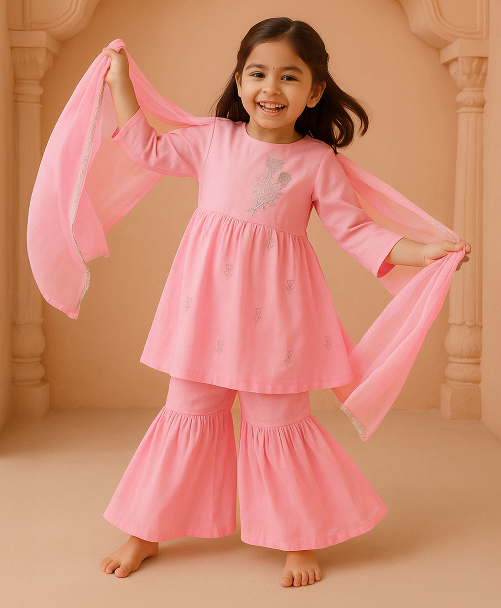 Somersault Cotton Woven Full Sleeves Floral Embroidered Kurti & Sharara With Dupatta Set - Pink-picture-13