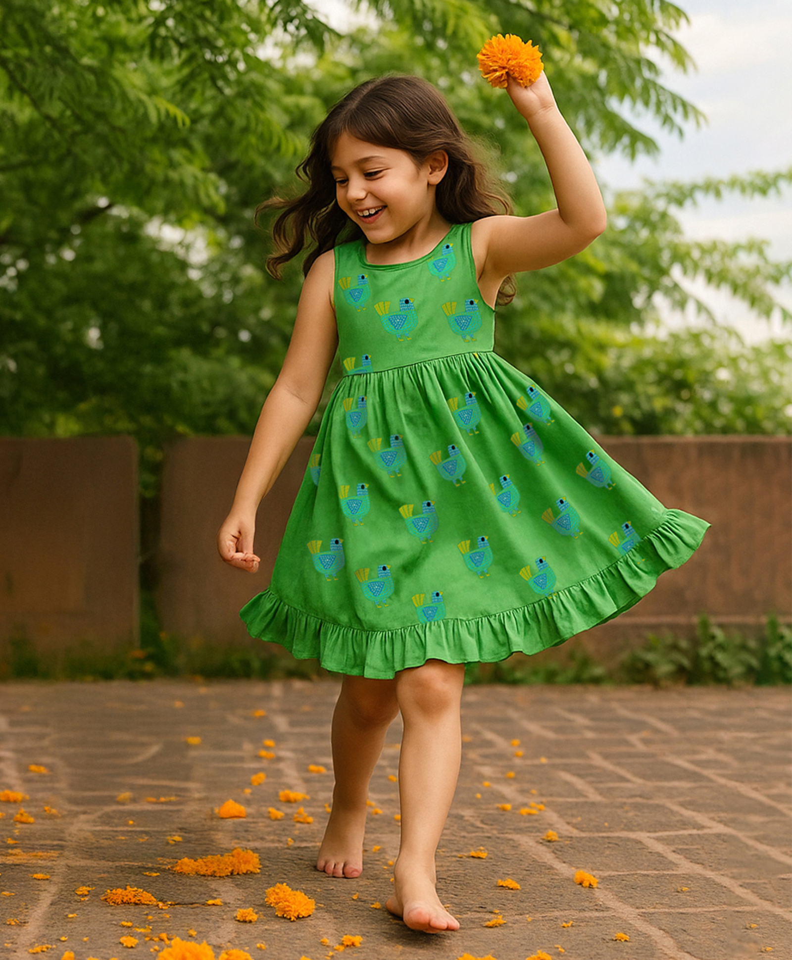 Somersault Cotton Woven Sleeveless Birds Printed Gota Lace Embellished Ethnic Dress - Green-picture-14