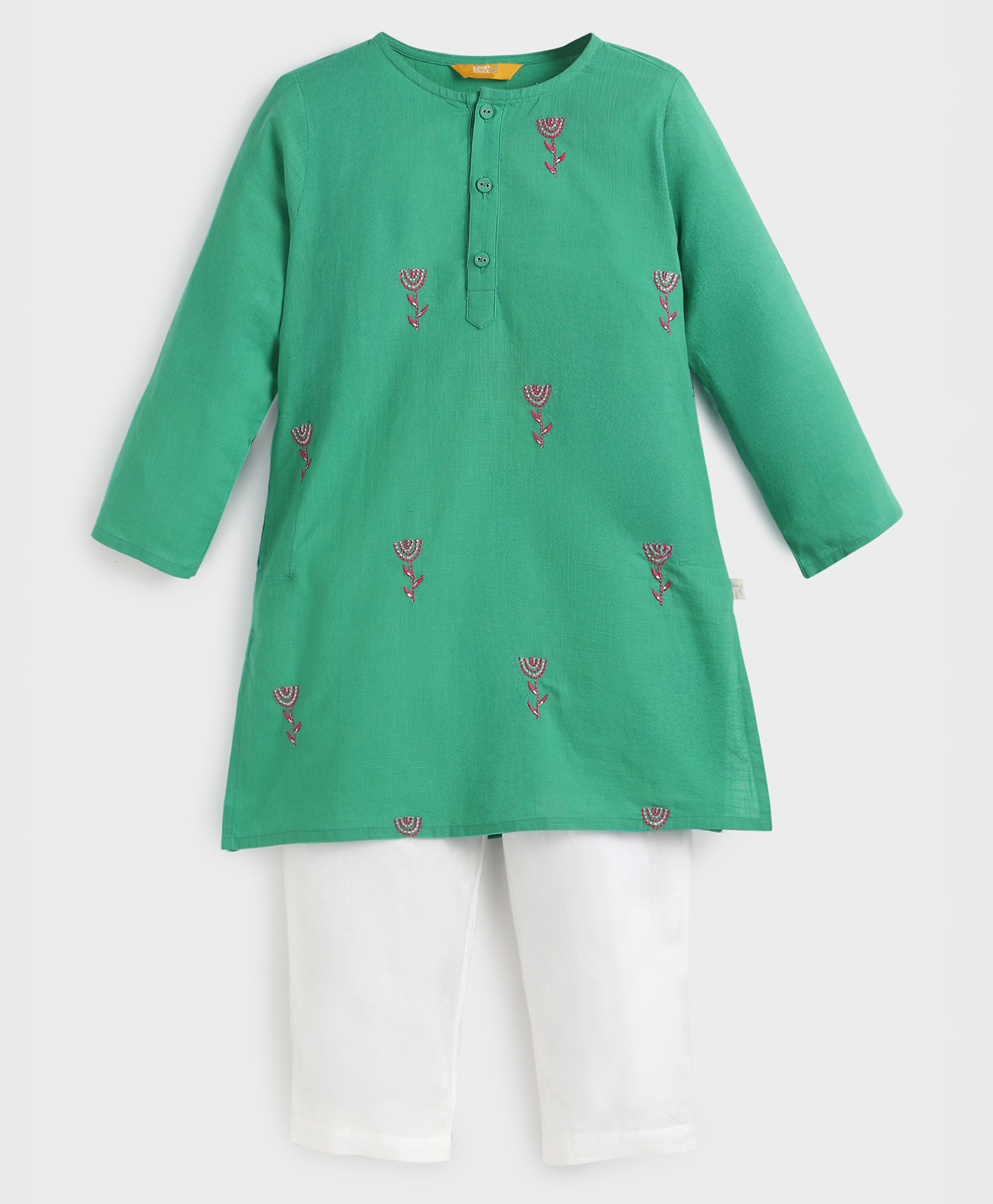 Somersault Cotton Woven Full Sleeves Floral Embroidered Kurta Pyjama Set - Green-image-9