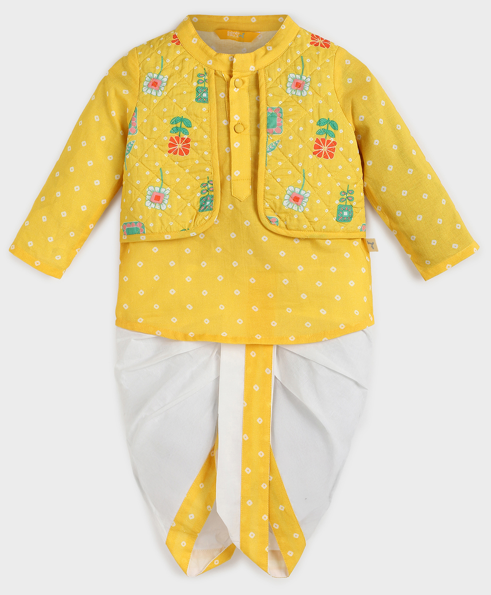 Somersault Cotton Woven Full Sleeves Floral & Bandhni Printed Dhoti Kurta Set With Attached Jacket - Yellow-picture-19