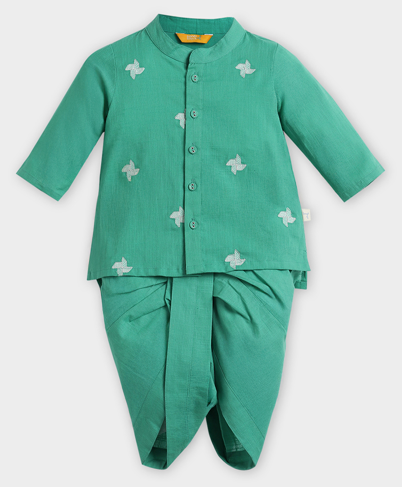 Somersault Cotton Woven Full Sleeves Paper Windmill Embroidered Dhoti Kurta Set - Green-picture-17