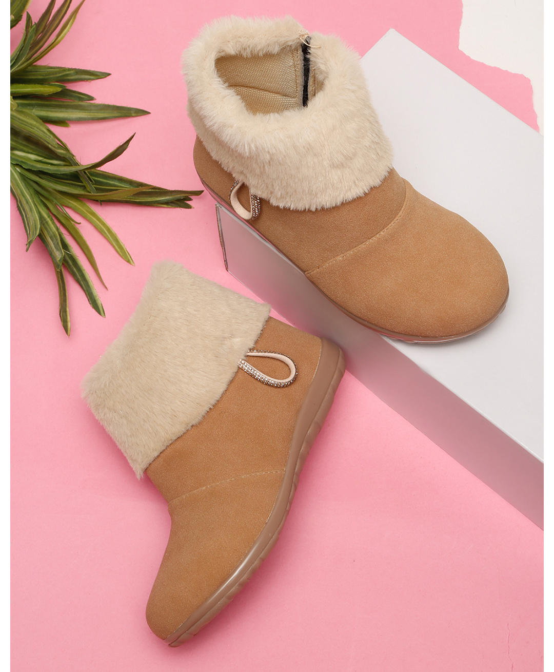 Tiny Bugs Fur Detailed Rhinestones Embellished Zipper Closure Boots - Tan