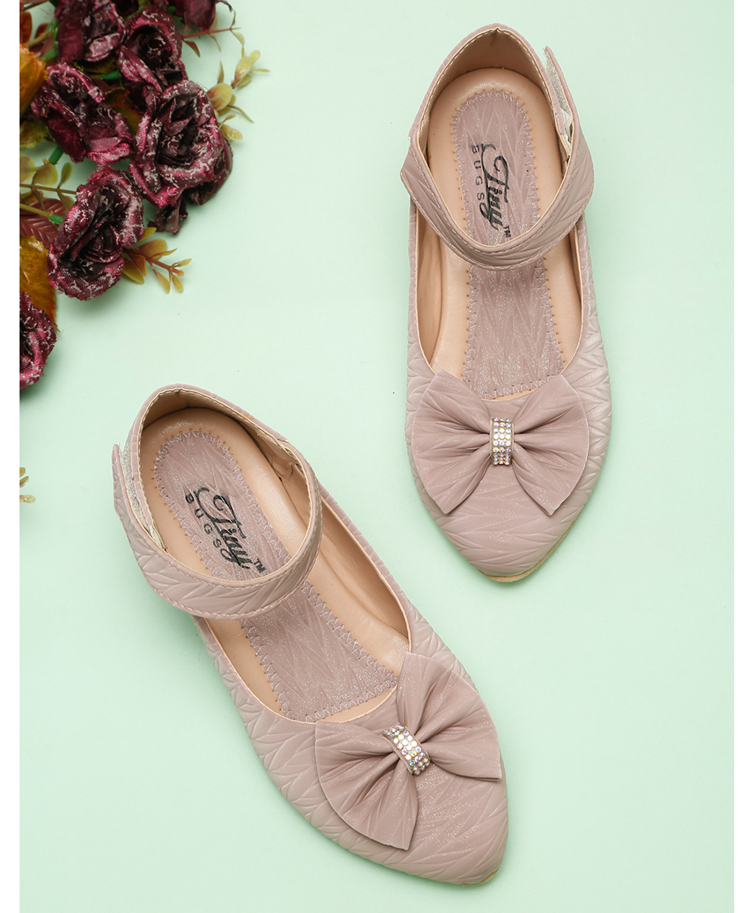 Tiny Bugs Bow Applique Detailed Velcro Closure Mary Jane Heeled Ballerinas - Purple-picture-34