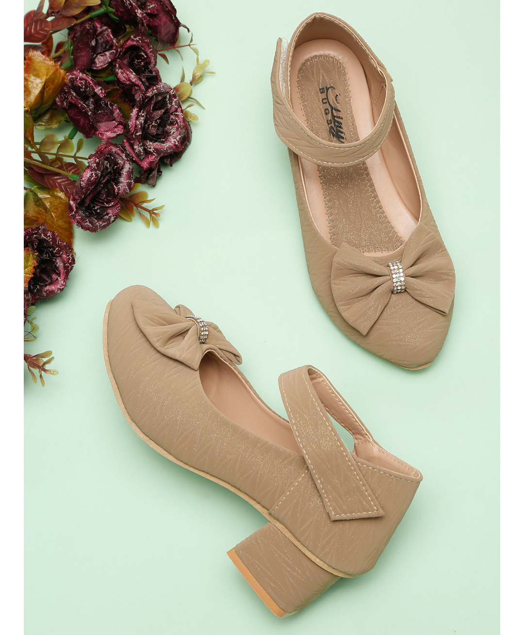 Tiny Bugs Bow Applique Detailed Velcro Closure Mary Jane Heeled Ballerinas - Beige-picture-18