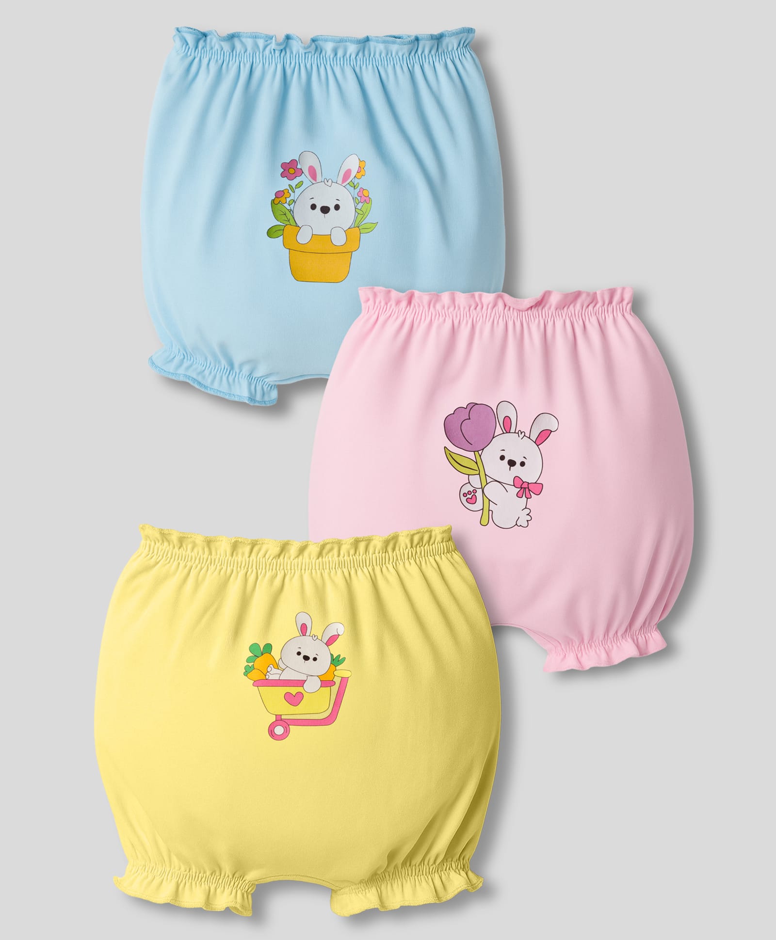 Doodle Poodle 100% Cotton Knit Bloomers With Bunny Print Pack of 3 - Blue Yellow & Pink-image-18