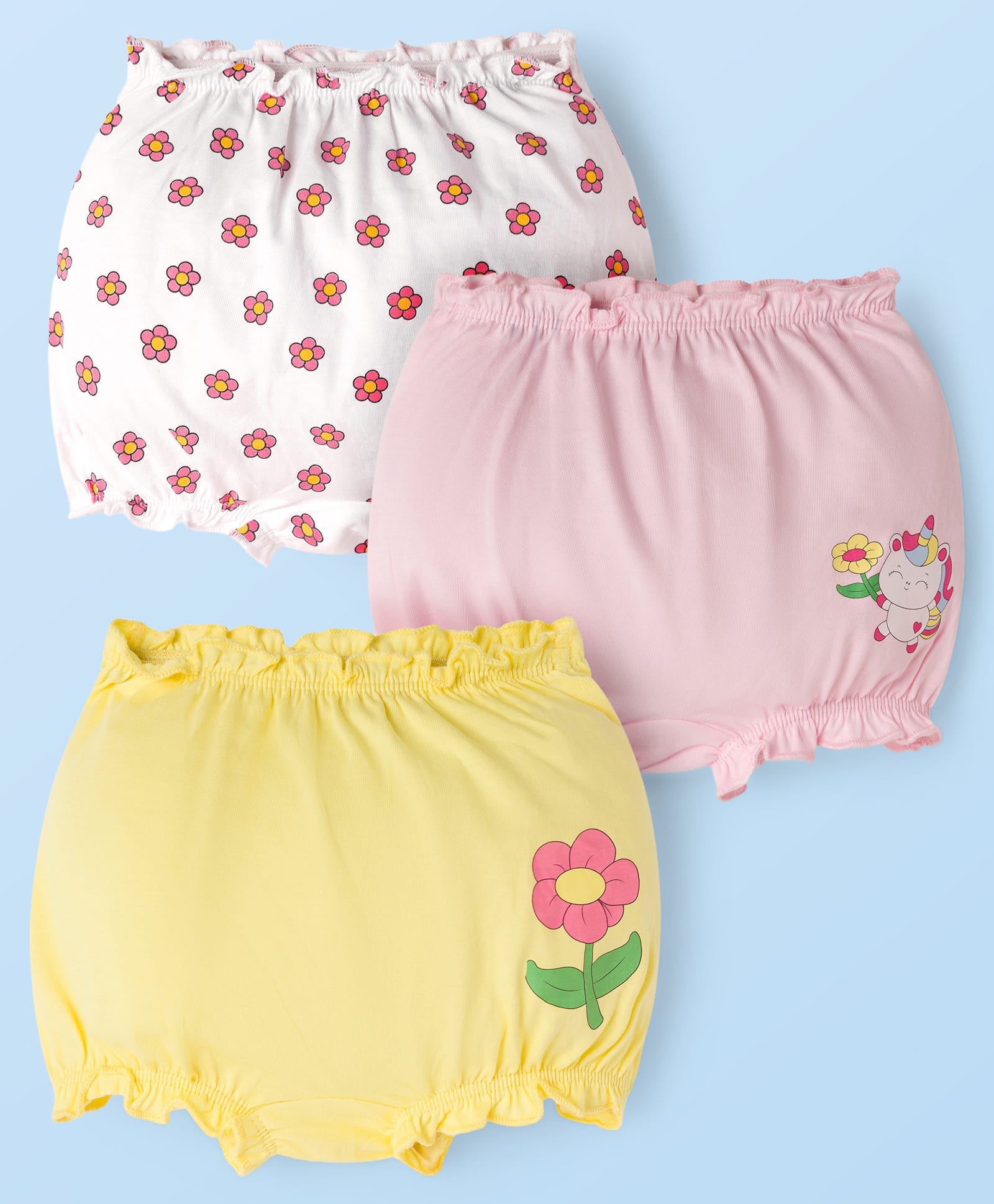 Doodle Poodle 100% Cotton Knit Floral & Unicorn Printed Bloomers Pack of 3 - Lemon Yellow Pink & White-picture-23