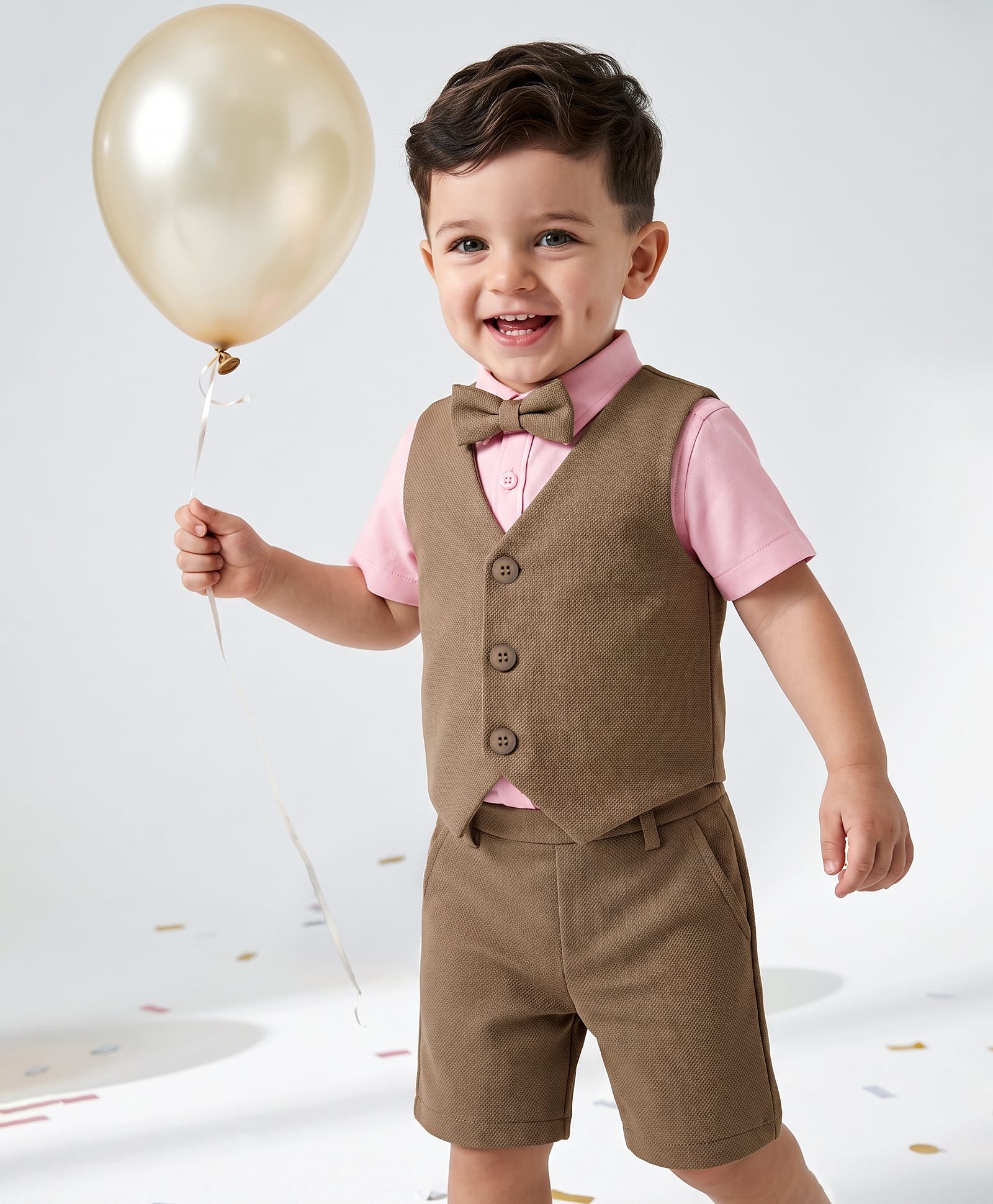 Babyoye Cotton Knit Half Sleeves Solid Color 3 Piece Party Suit with Bow - Pink & Brown-picture-21