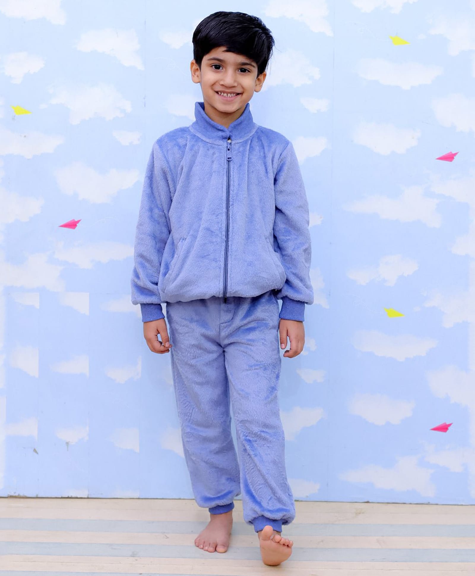 The Mom Store Fleece Woven Full Sleeves Solid Winter High Neck Jacket With Sweatpants Set - Blue-picture-29