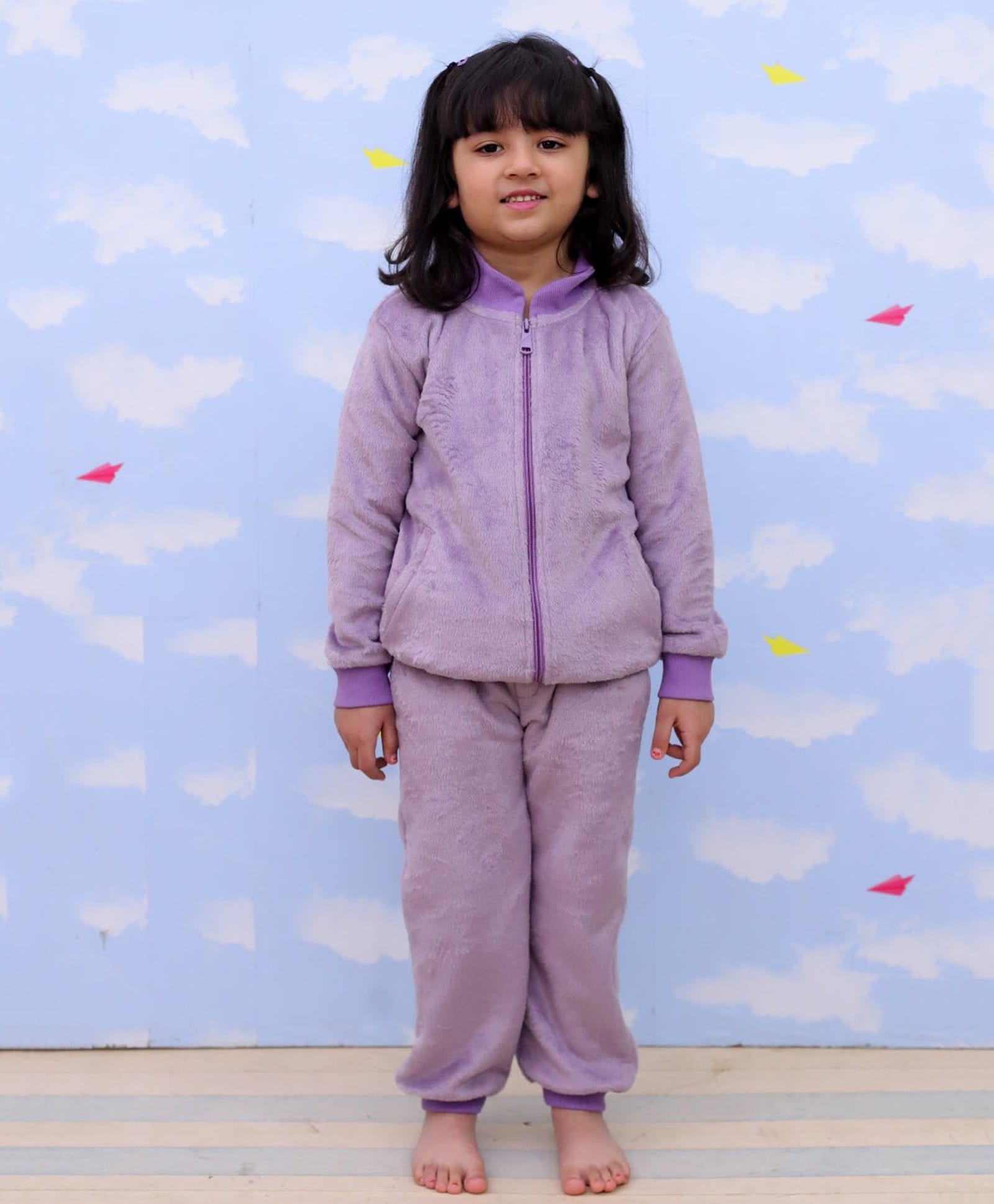 The Mom Store Fleece Woven Full Sleeves Solid Winter High Neck Jacket With Sweatpants Set - Purple-picture-23