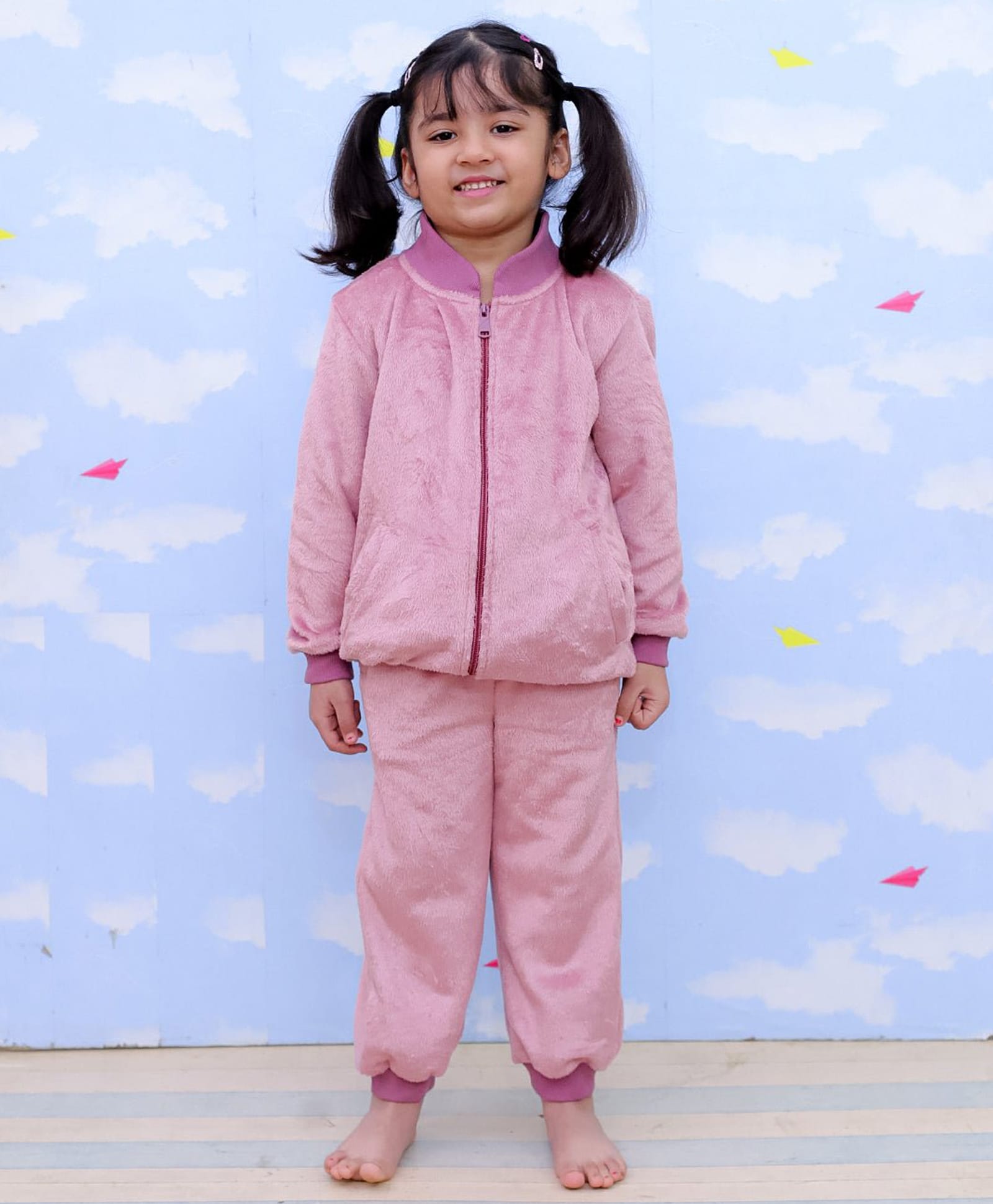 The Mom Store Fleece Woven Full Sleeves Solid Winter High Neck Jacket With Sweatpants Set - Pink-picture-13