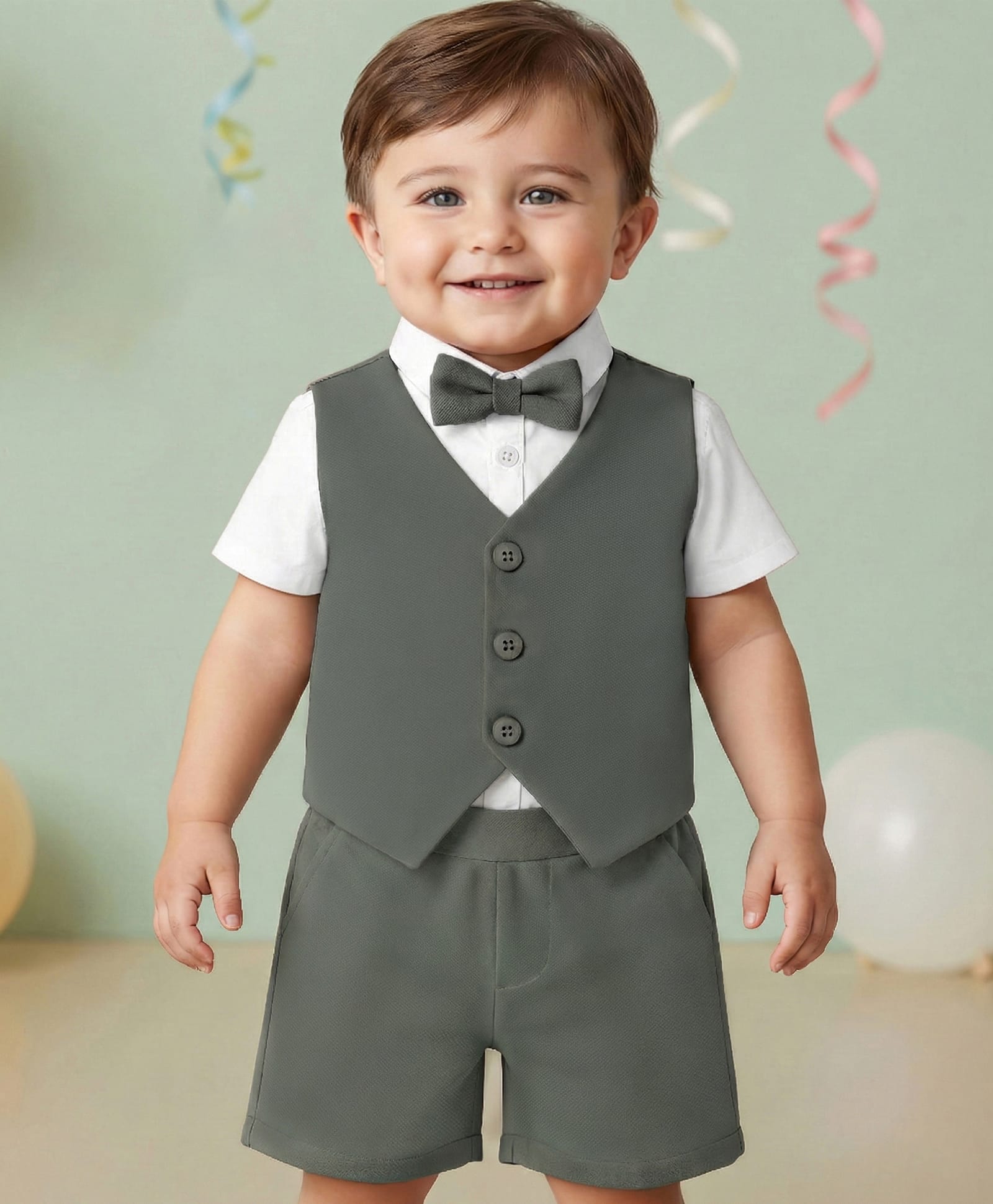 Babyoye Cotton Knit Half Sleeves Solid Color 3 Piece Party Suit with Bow - White & Green-picture-17