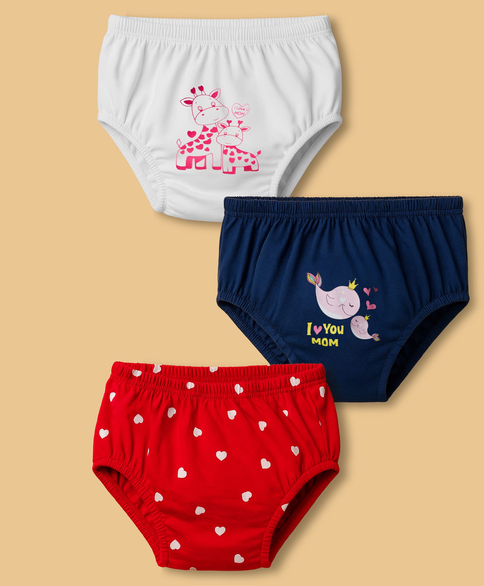 Doodle Poodle 100% Cotton Knit Heart & Animal Printed Panties Pack of 3 - Red White & Navy Blue-image-20
