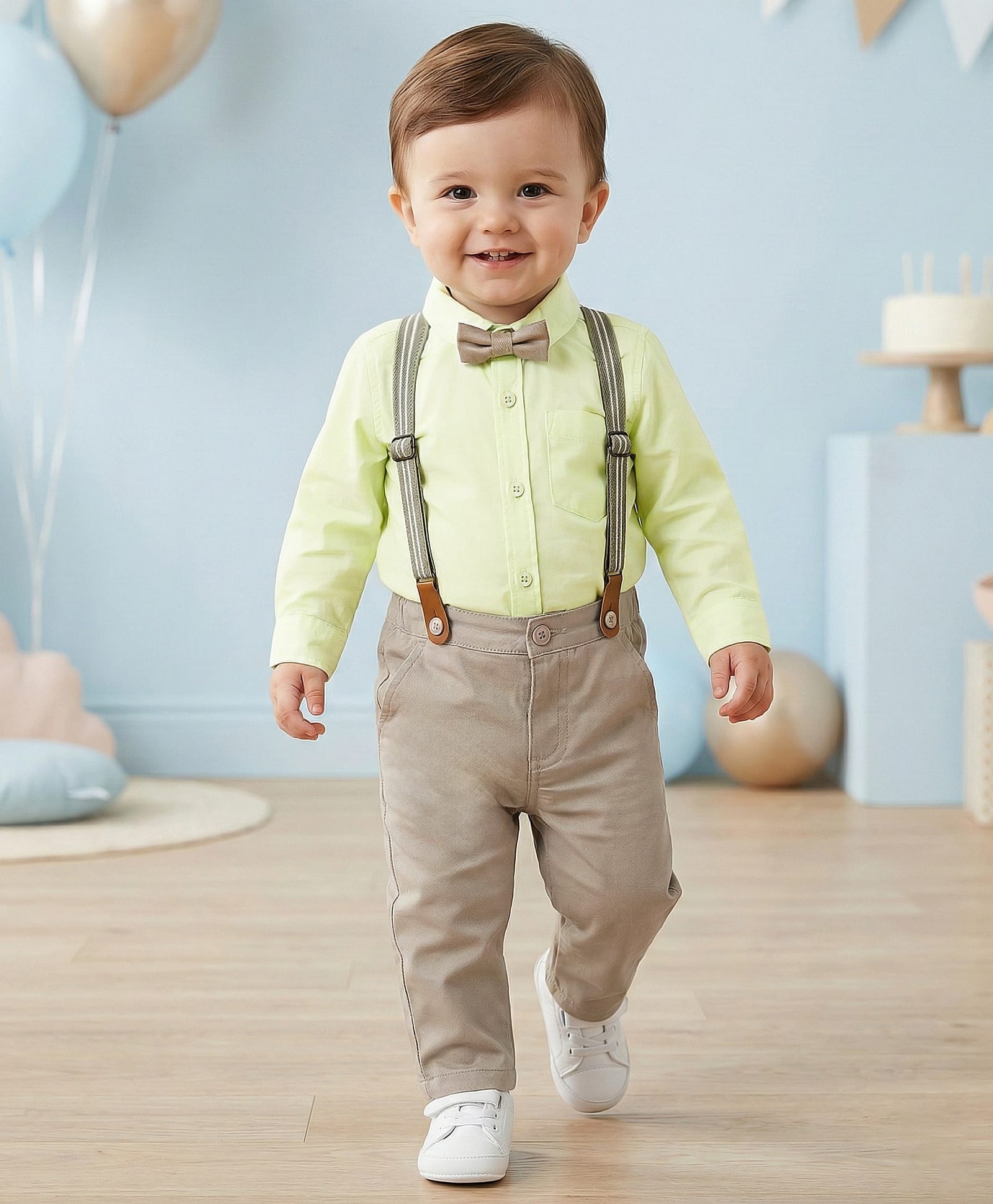 Babyoye 100% Cotton Woven Full Sleeves Solid Color Shirt & Trouser with Bow & Suspender - Yellow & Light Grey-picture-28