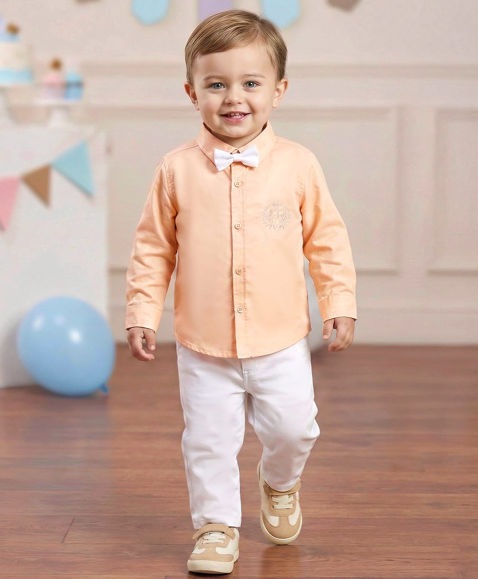 Babyoye 100% Cotton Woven Full Sleeves Solid Party Shirt & Trouser Set With Bow - Orange-image-26