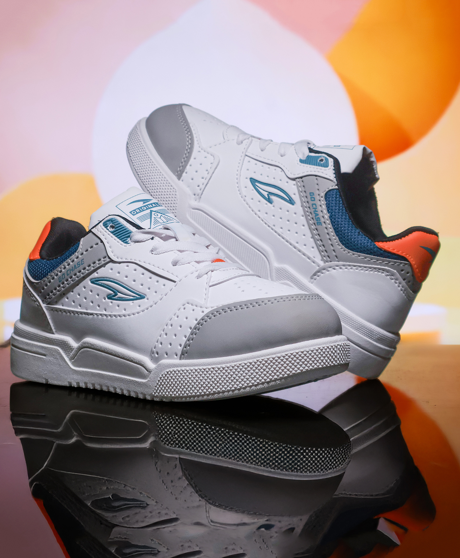 asian Colour Blocked Mesh Detailed Lace Up Sneakers - White Grey & Orange-picture-10