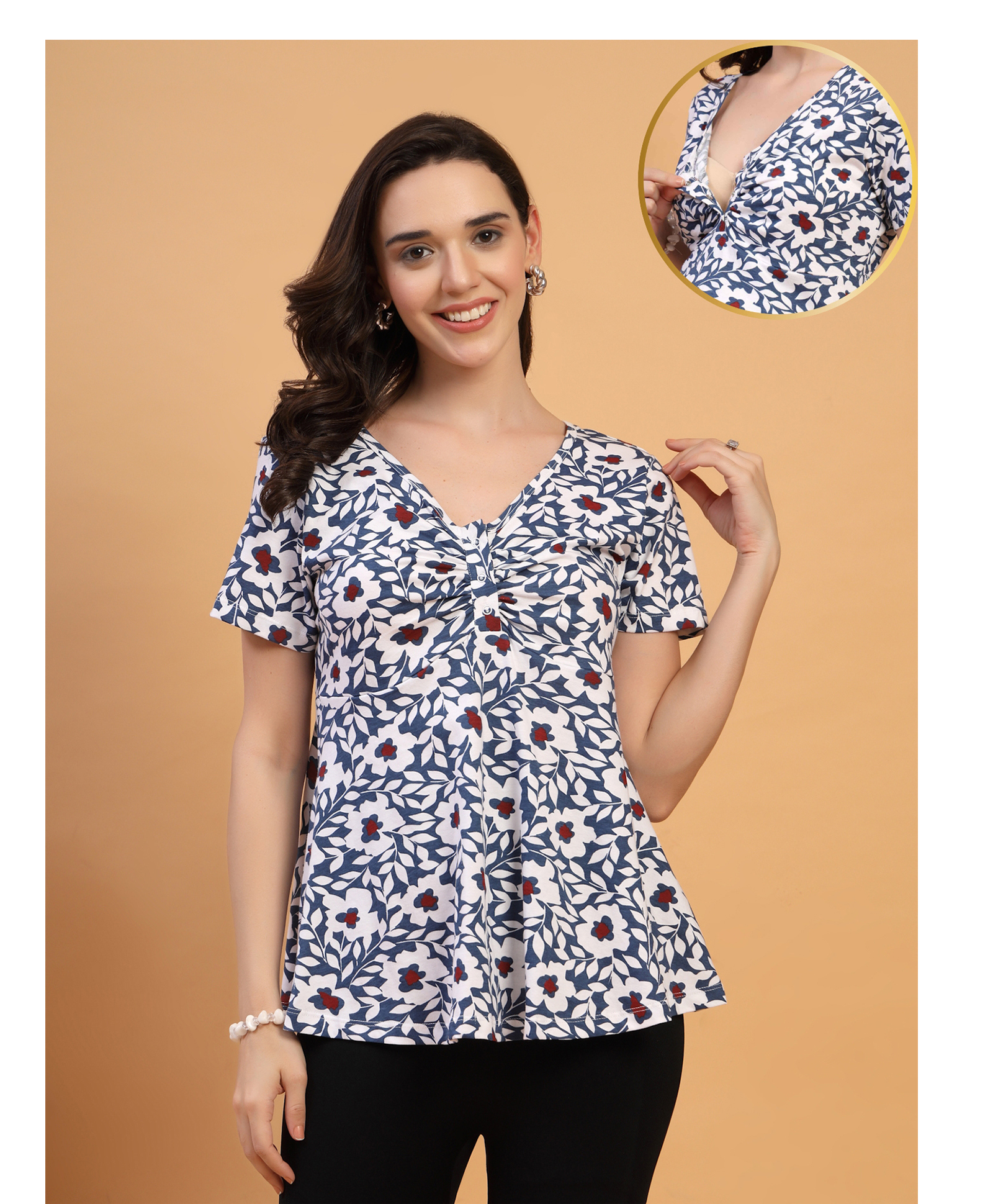 Zelena 95% Cotton 5% Elastane Woven Half Sleeves Floral Printed Maternity Top With Front Open Nursing Access - Navy Blue-image-36