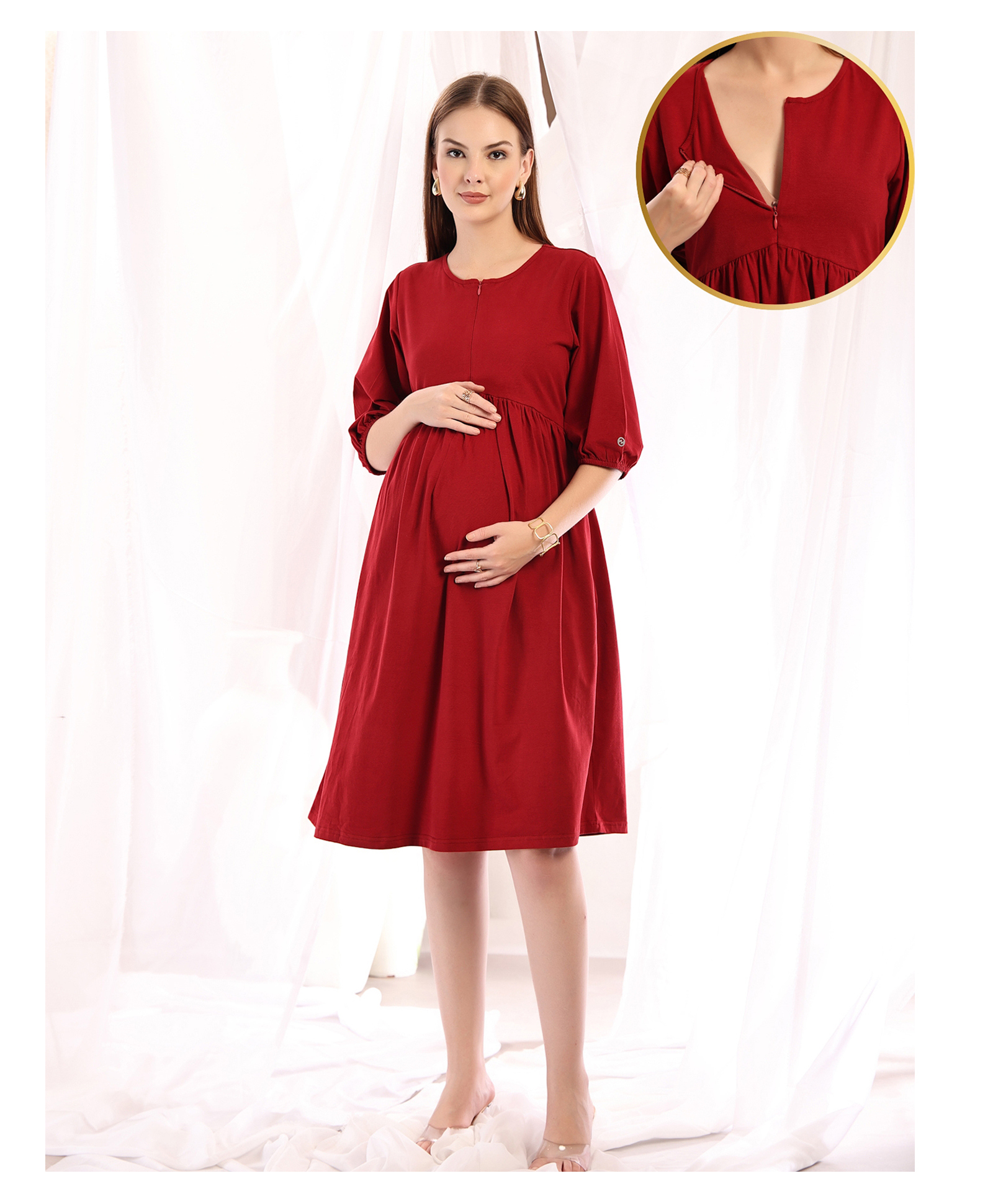 Zelena 95% Cotton 5% Elastane Woven Three Fourth Sleeves Solid Maternity Dress With Front Concealed Zipper Nursing Access - Deep Red-image-39