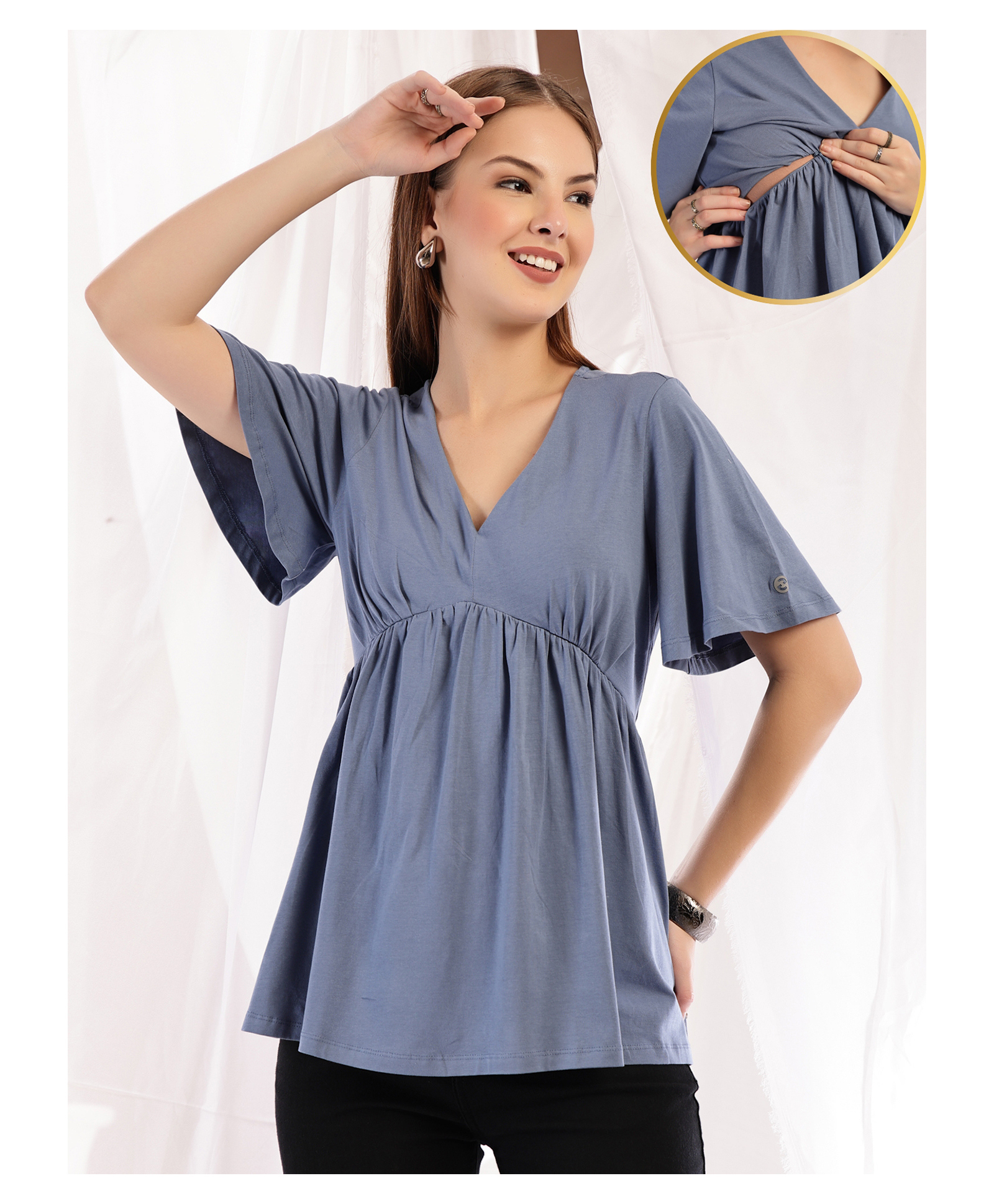 Zelena 95% Cotton 5% Elastane Woven Half Sleeves Solid Maternity Top With Side Concealed Zipper Nursing Access - Medium Blue-picture-37