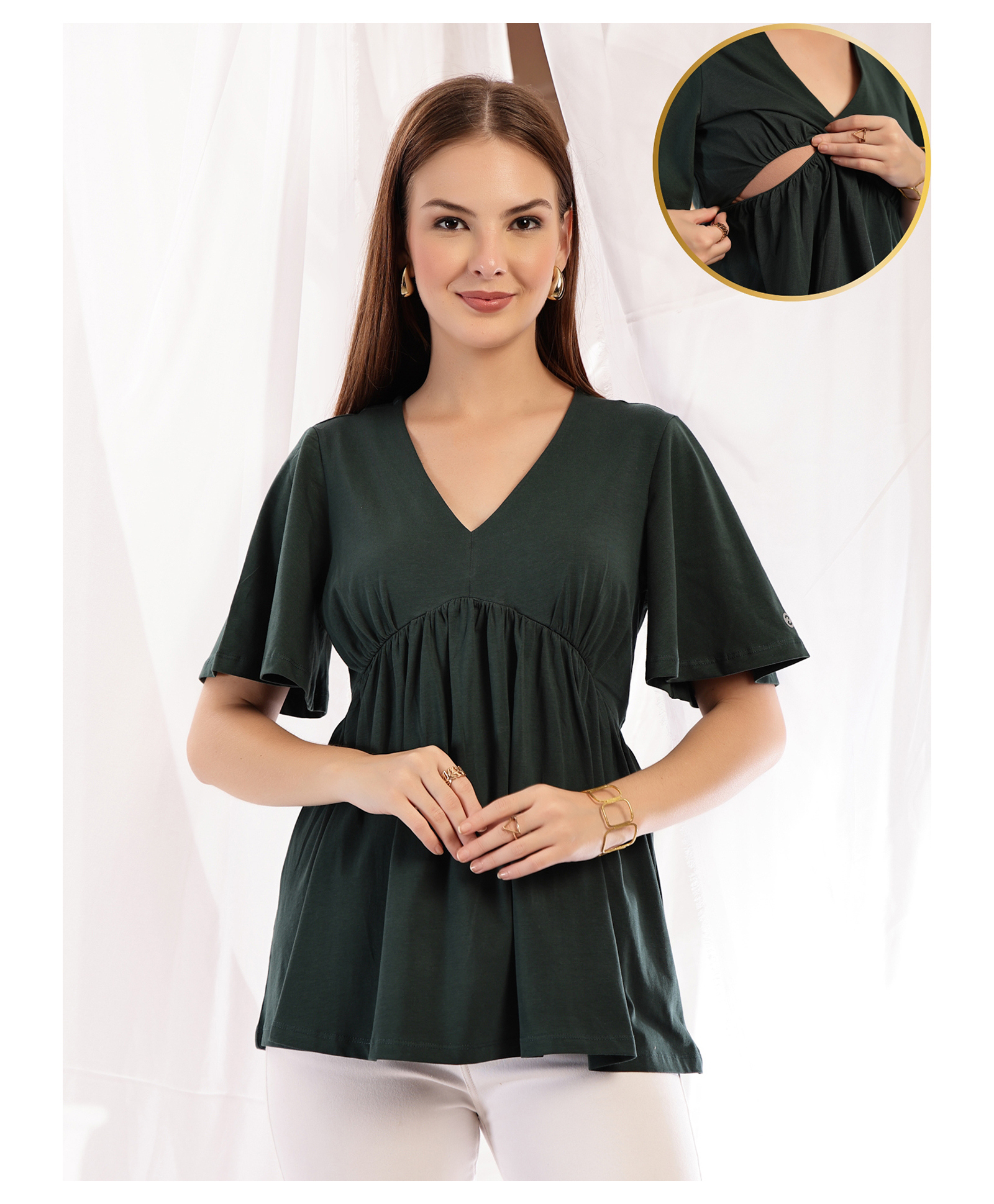 Zelena 95% Cotton 5% Elastane Woven Half Sleeves Solid Maternity Top With Side Concealed Zipper Nursing Access - Bottle Green-picture-34