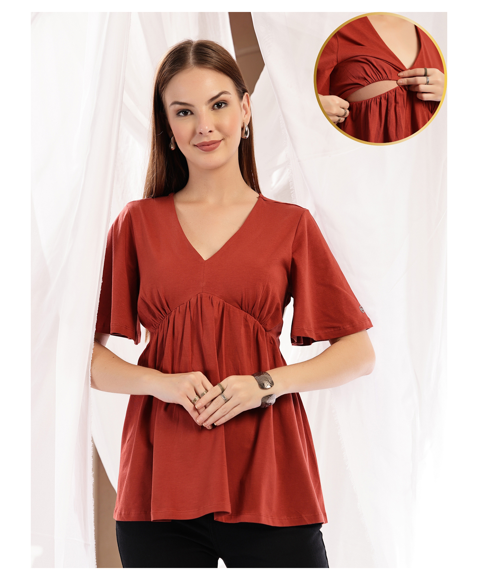 Zelena 95% Cotton 5% Elastane Woven Half Sleeves Solid Maternity Top With Side Concealed Zipper Nursing Access - Rust-image-49
