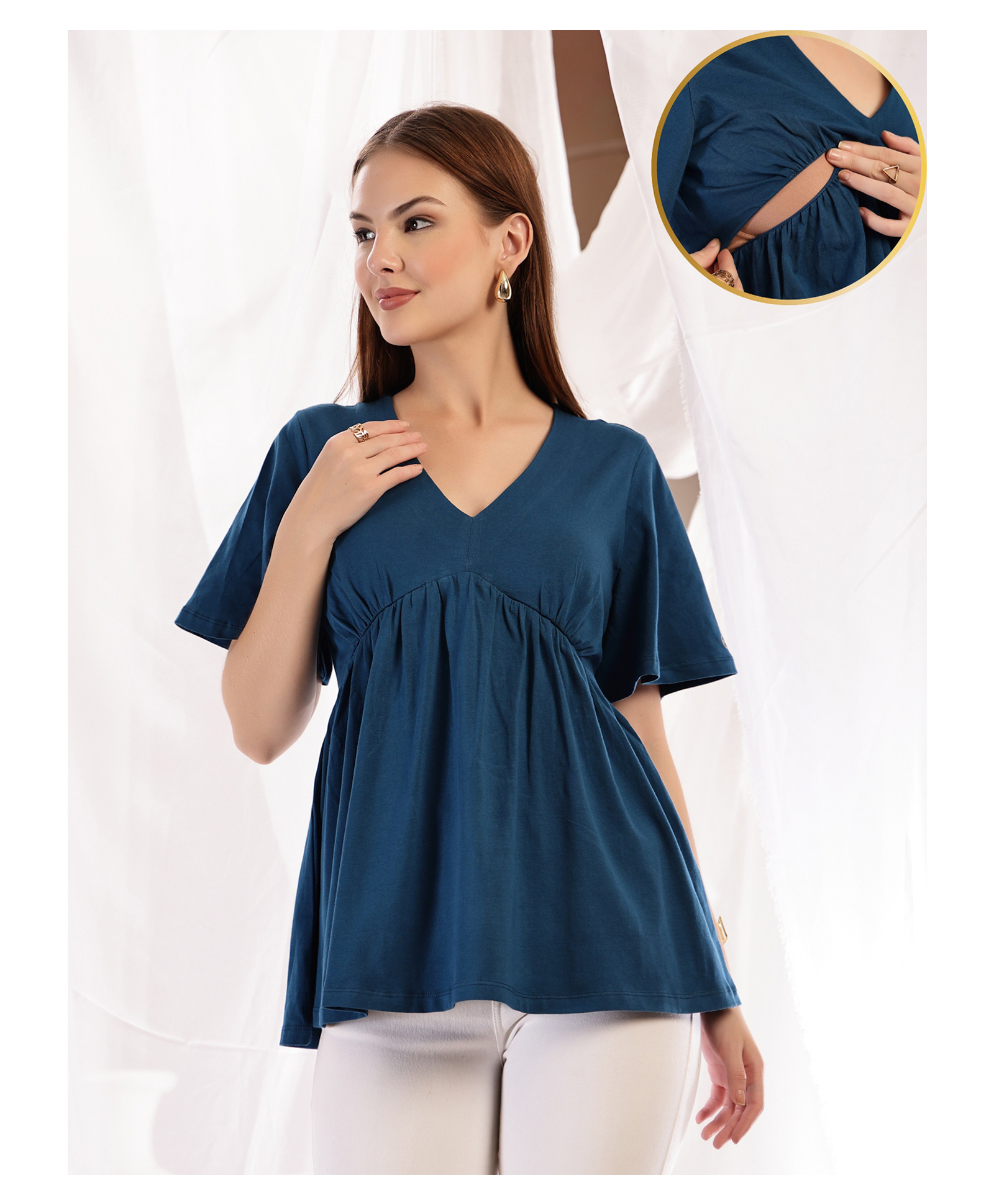 Zelena 95% Cotton 5% Elastane Woven Half Sleeves Solid Maternity Top With Side Concealed Zipper Nursing Access - Airforce-picture-39