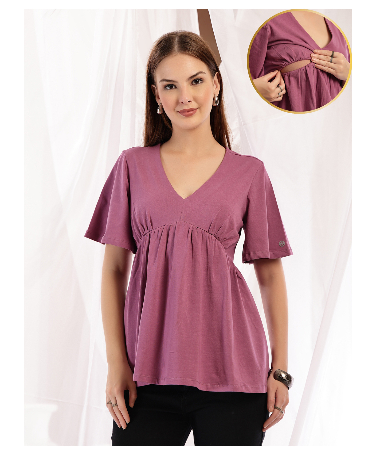 Zelena 95% Cotton 5% Elastane Woven Half Sleeves Solid Maternity Top With Side Concealed Zipper Nursing Access - Onion