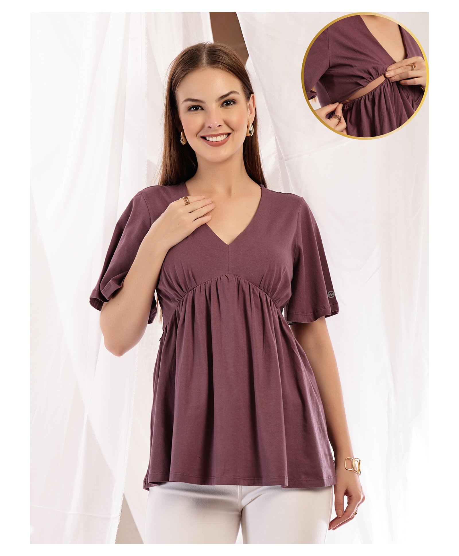 Zelena 95% Cotton 5% Elastane Woven Half Sleeves Solid Maternity Top With Side Concealed Zipper Nursing Access - Rosewood-image-48