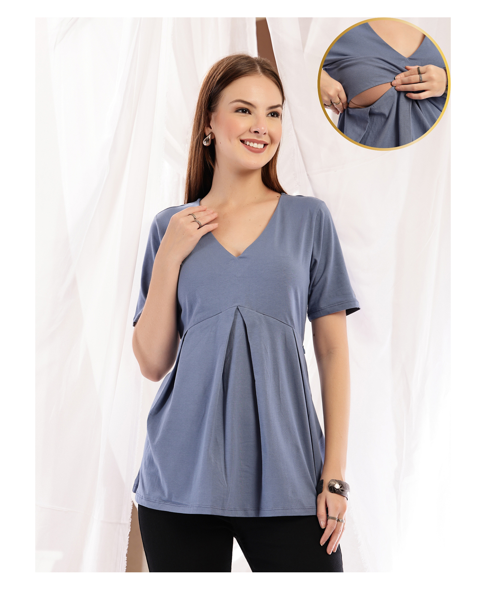 Zelena 95% Cotton 5% Elastane Woven Half Sleeves Solid Maternity Top With Side Concealed Zipper Nursing Access - Medium Blue-image-45