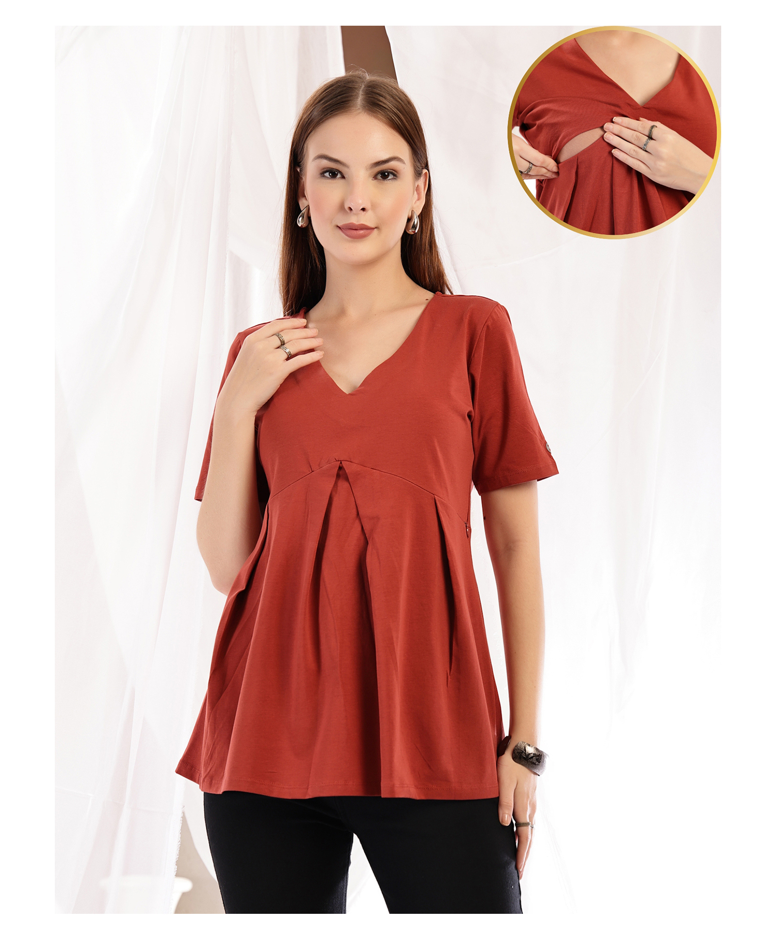 Zelena 95% Cotton 5% Elastane Woven Half Sleeves Solid Maternity Top With Side Concealed Zipper Nursing Access - Rust-picture-35