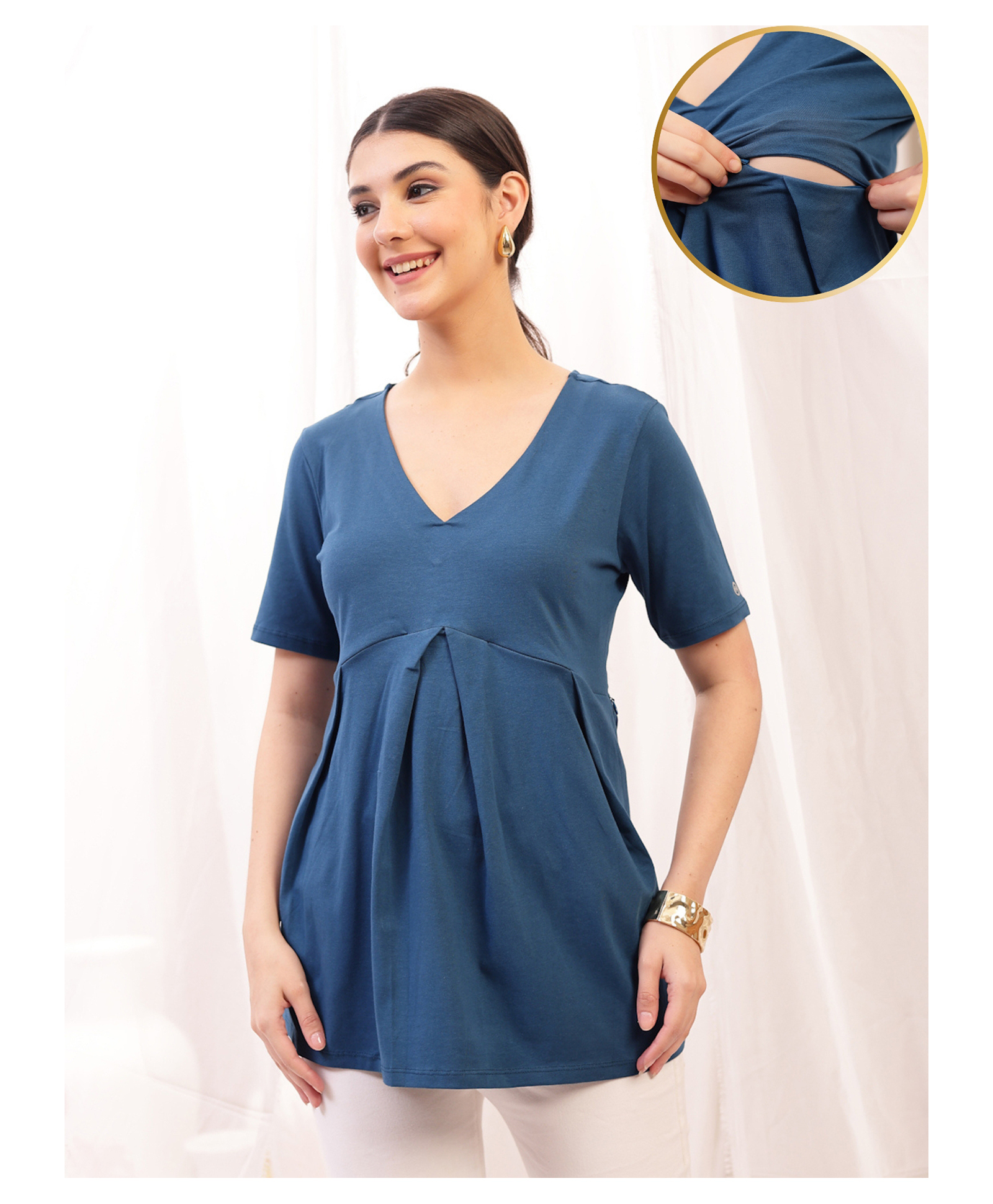 Zelena 95% Cotton 5% Elastane Woven Half Sleeves Solid Maternity Top With Side Concealed Zipper Nursing Access - Airforce-picture-36