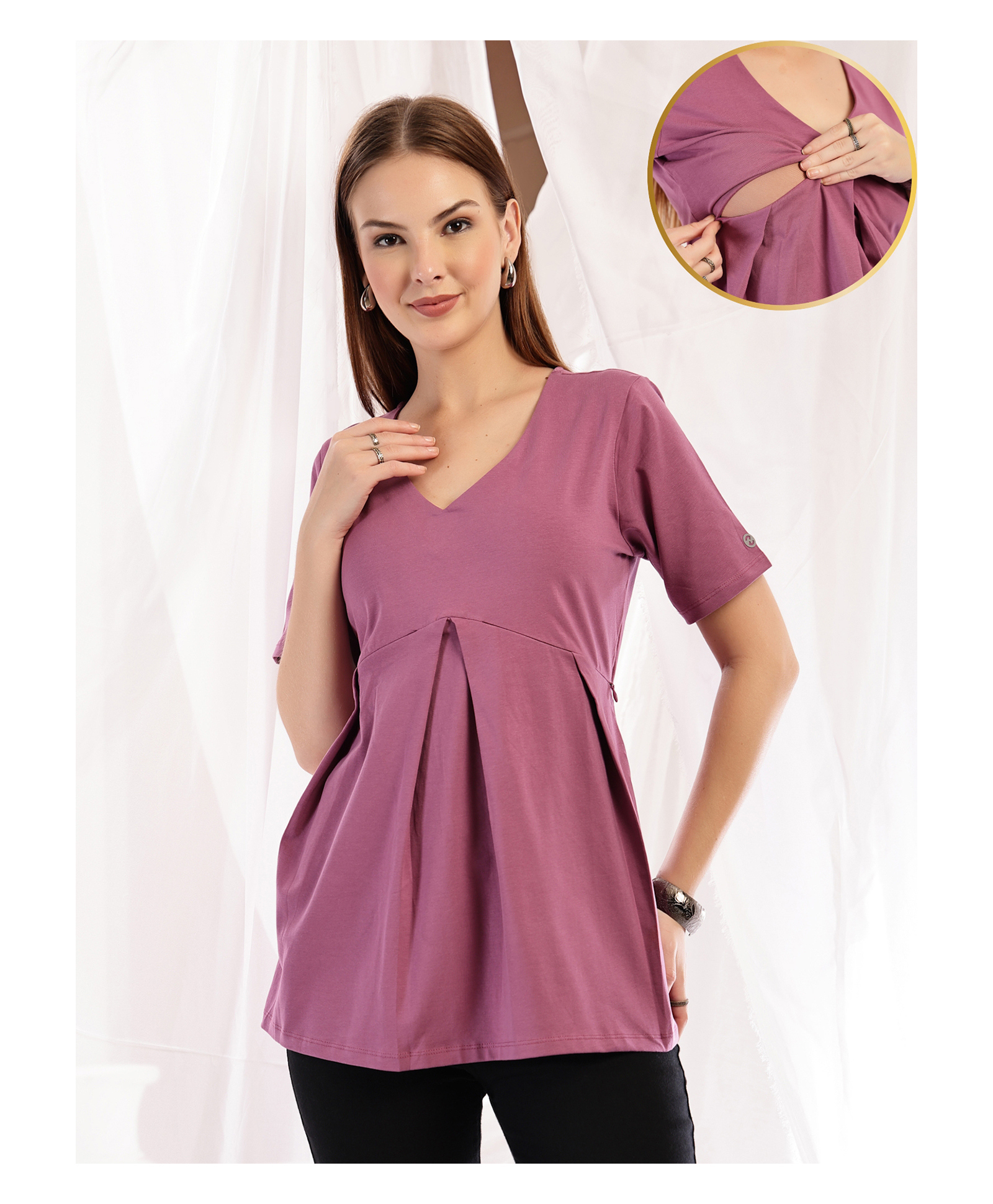 Zelena 95% Cotton 5% Elastane Woven Half Sleeves Solid Maternity Top With Side Concealed Zipper Nursing Access - Onion-image-37