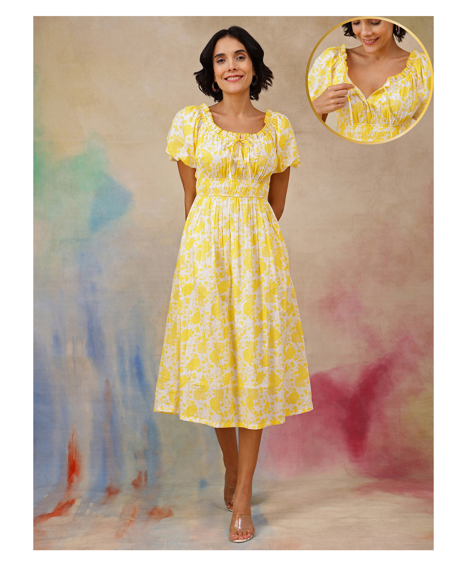 Zelena 95% Cotton 5% Elastane Woven Half Puffed Sleeves Floral Printed Maternity Dress With Front Open Nursing Access - Yellow-image-11