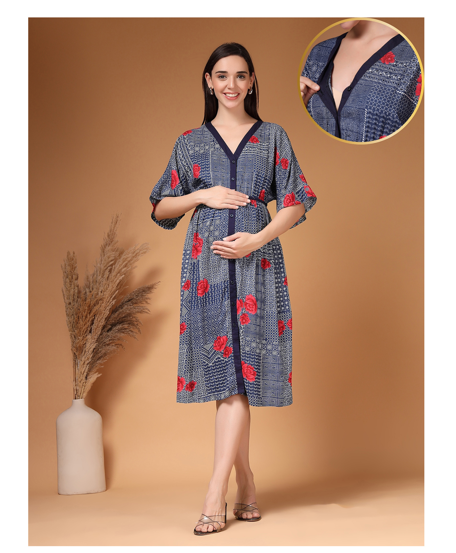 Zelena 100% Rayon Woven Half Sleeves Floral Printed Maternity Dress With Front Open Nursing Access - Blue-image-26