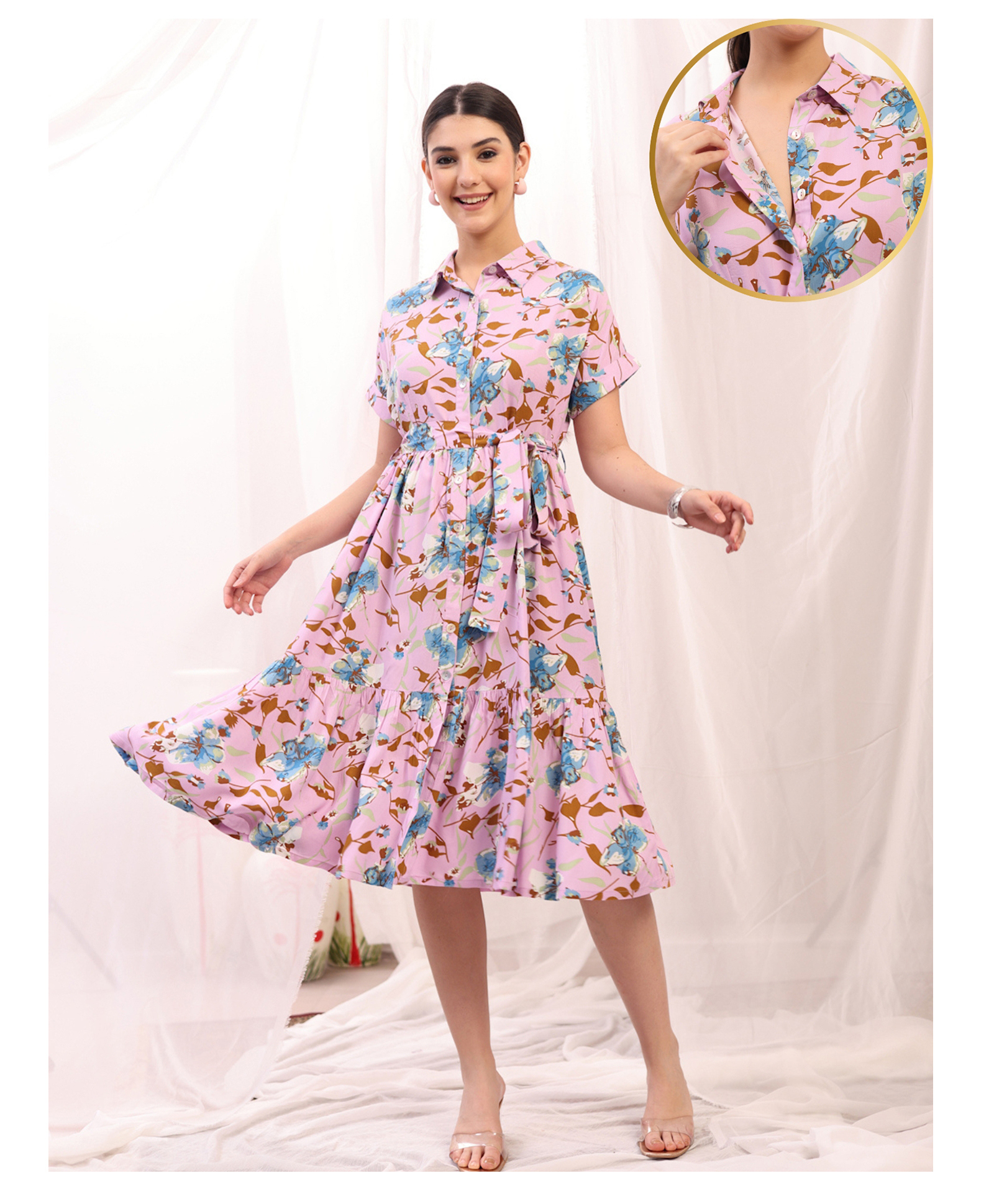 Zelena 100% Rayon Woven Half Sleeves Floral Printed Shirt Style Maternity Dress With Front Open Nursing Access - Pink Floral-image-19
