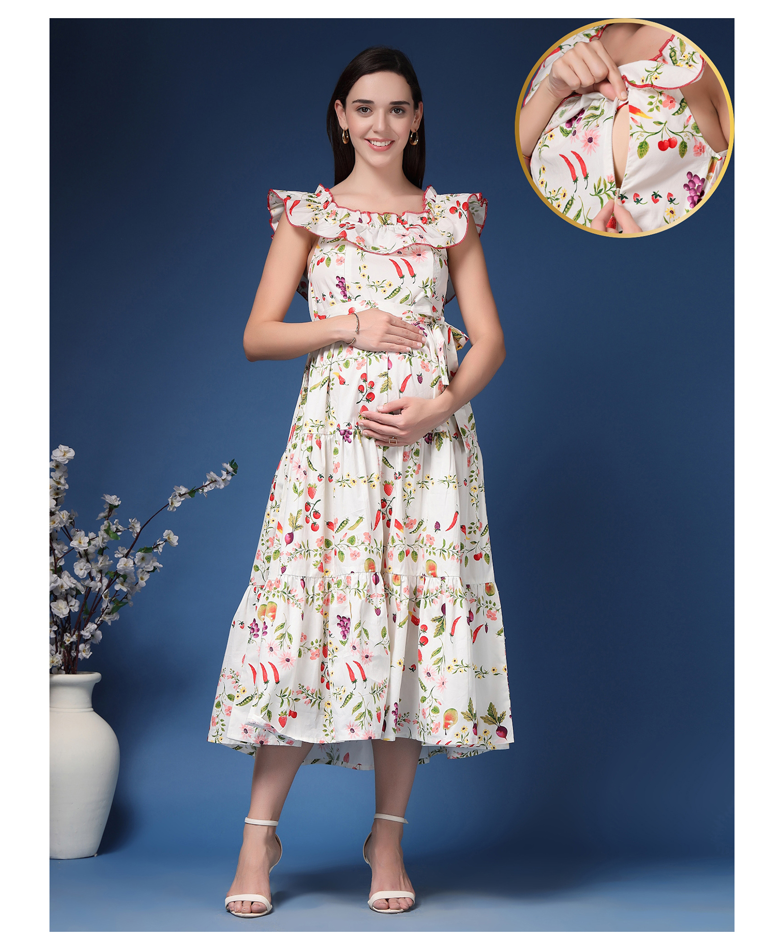 Zelena 100% Cotton Woven Off Shoulder Floral Printed Maternity Dress With Side Concealed Zipper Nursing Access - Multi Colour-image-22