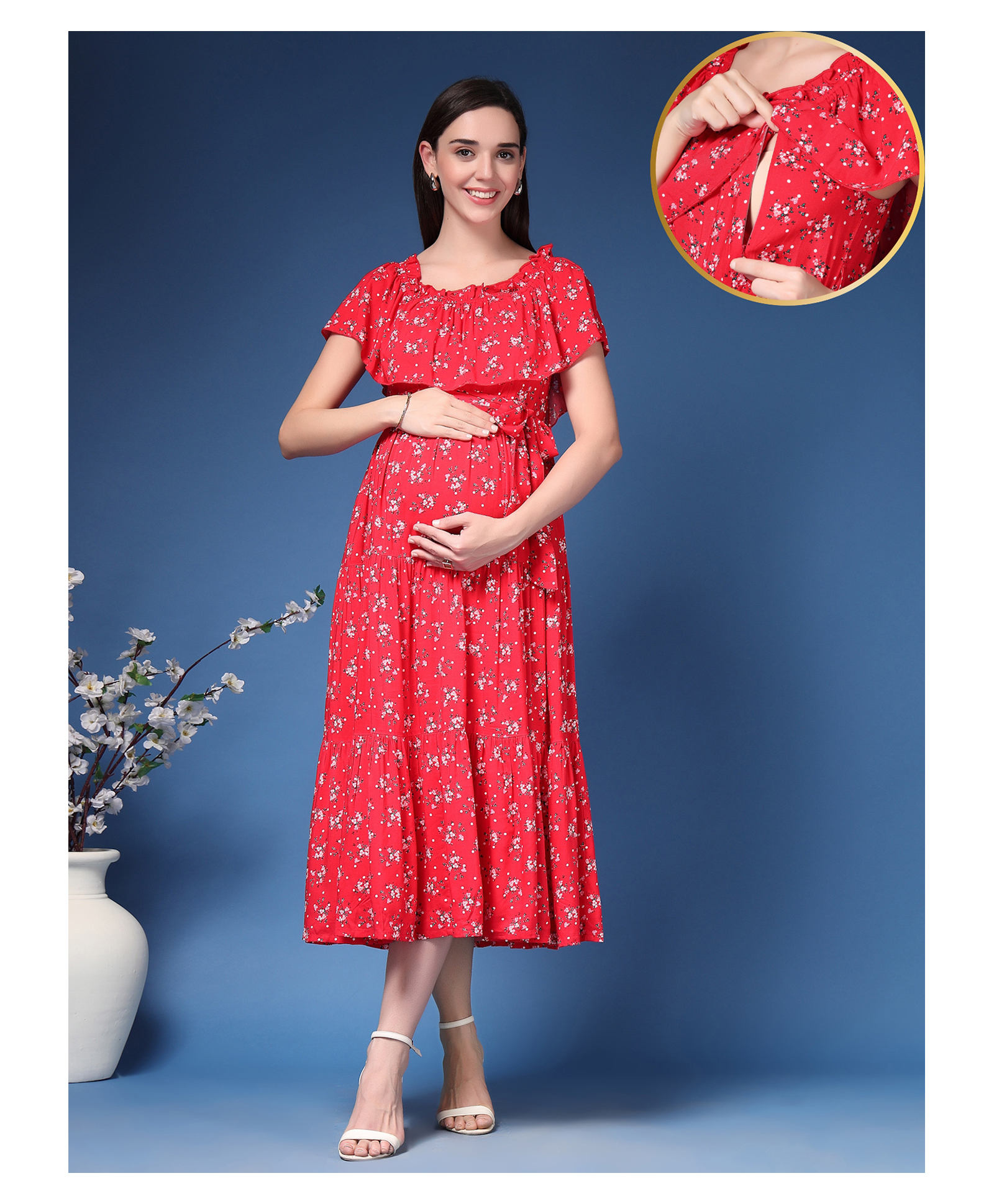 Zelena 100% Cotton Woven Off Shoulder Floral Printed Maternity Dress With Side Concealed Zipper Nursing Access - Red-image-24