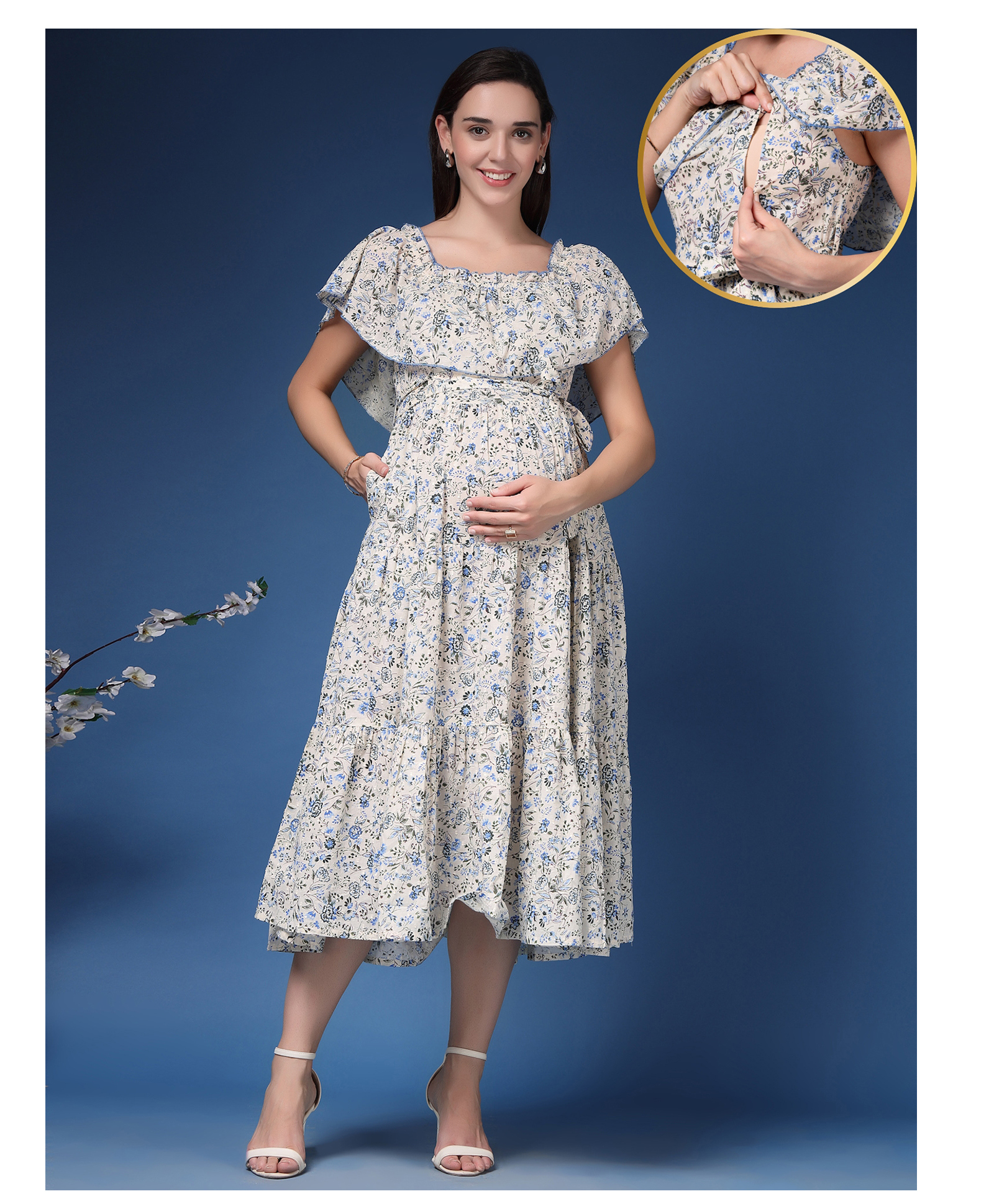 Zelena 100% Cotton Woven Off Shoulder Floral Printed Maternity Dress With Side Concealed Zipper Nursing Access - Off White-image-6