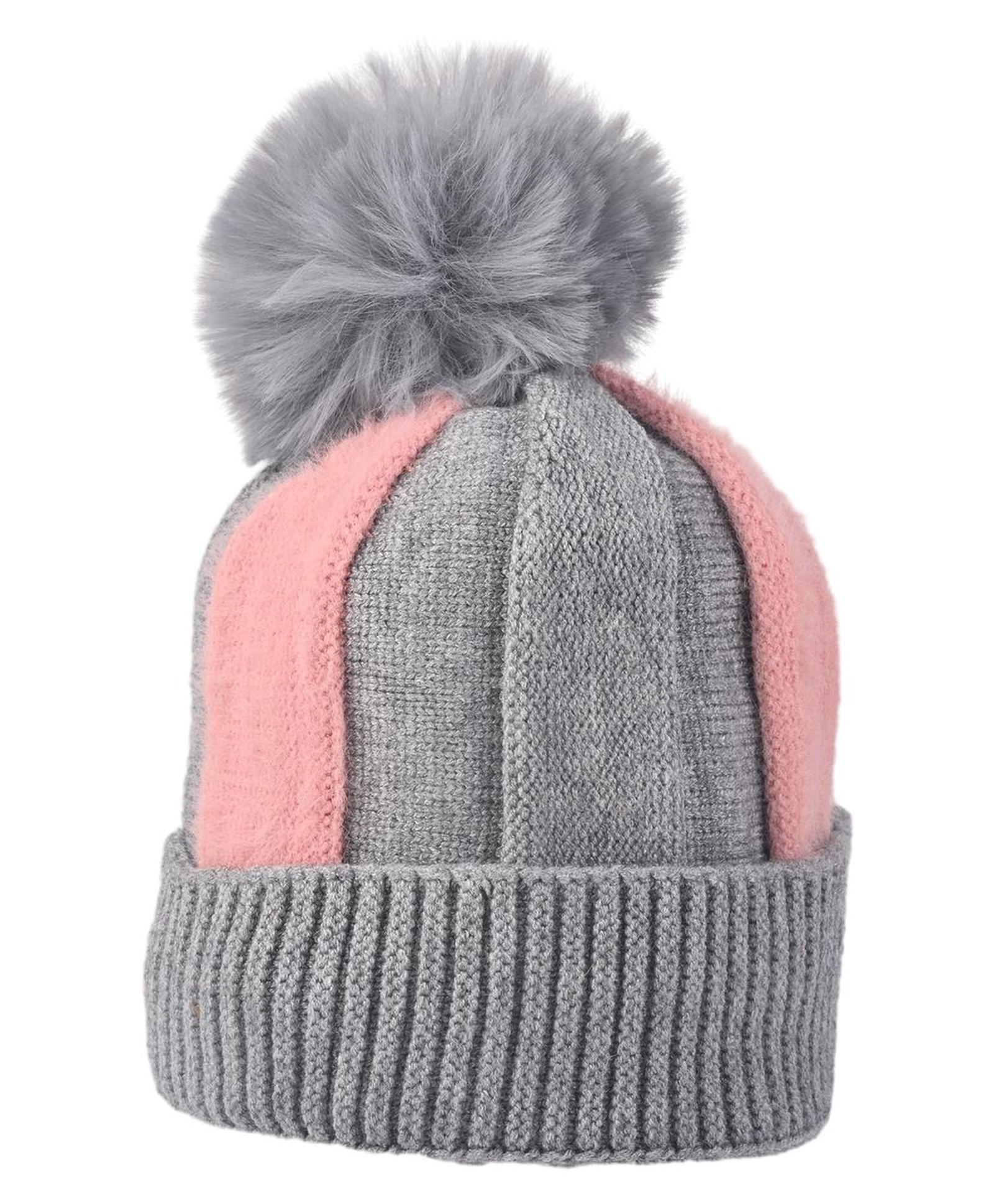 Kid-O-World Knit Colour Blocked Pom Pom Embellished Cap - Grey - Circumference 50 Cm-image-36