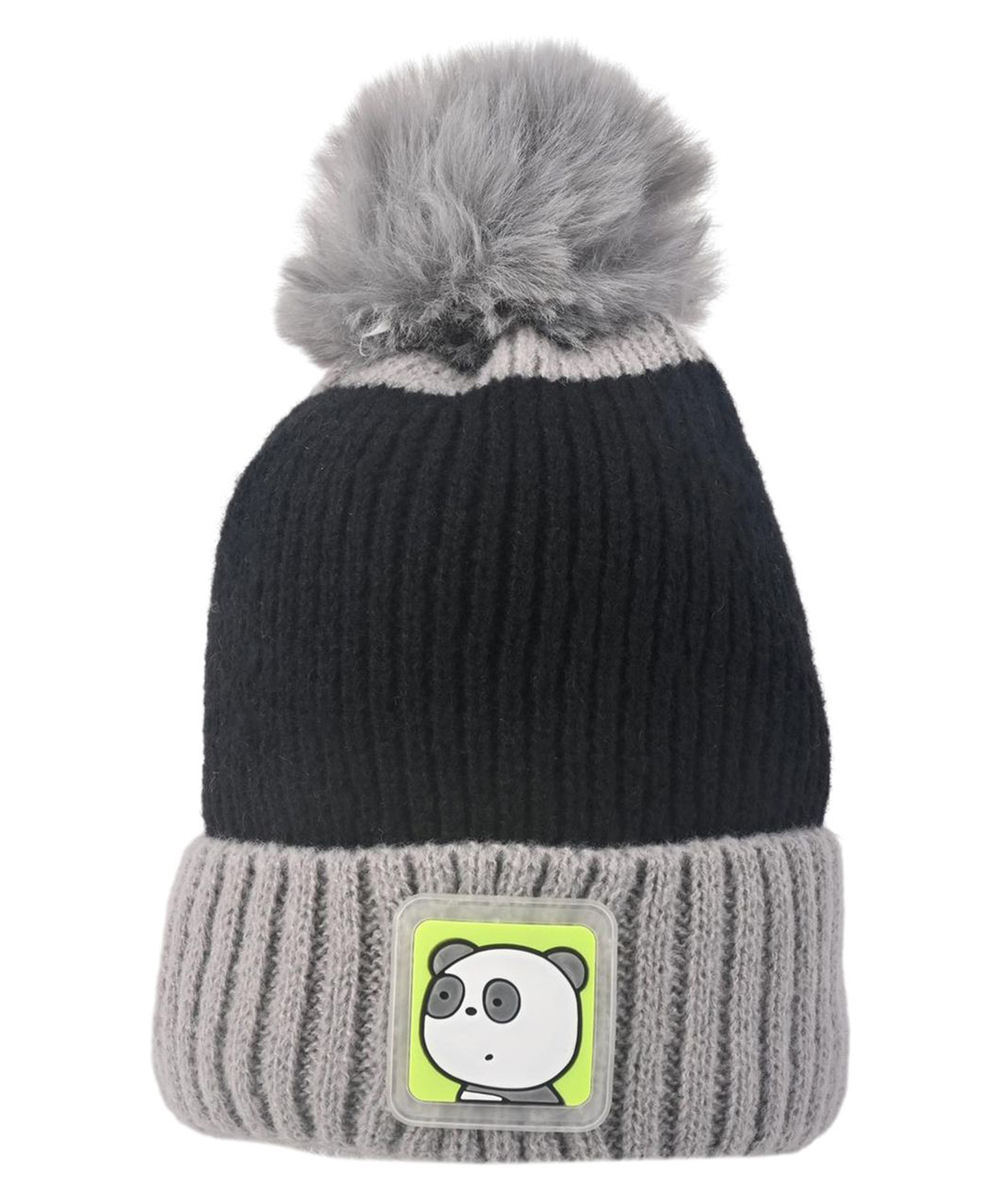 Kid-O-World Acro Wool Panda Patch Detailed Colour Blocked Pom Pom Cap - Grey - Circumference - 48 cms-image-45