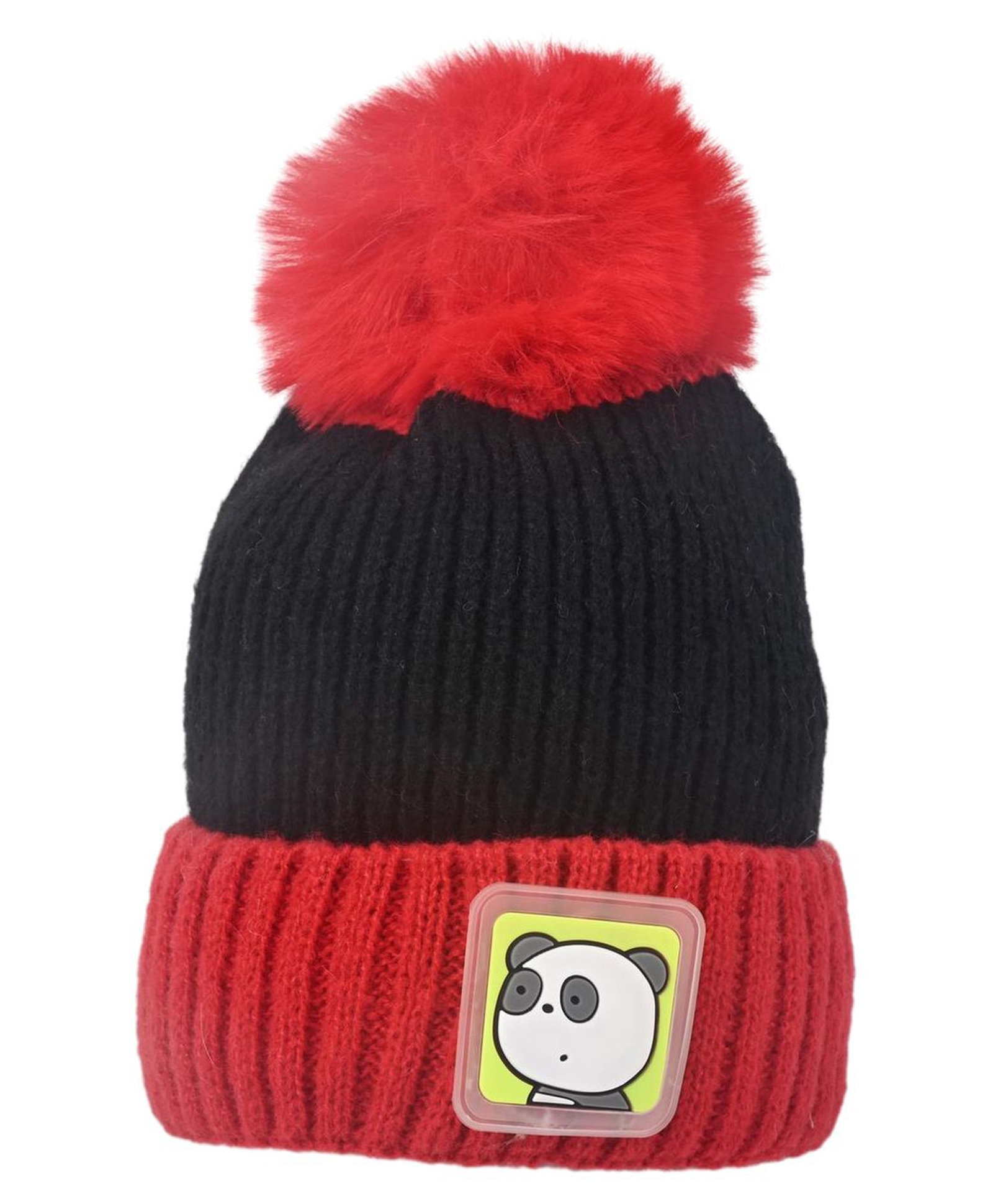 Kid-O-World Acro Wool Panda Patch Detailed Colour Blocked Pom Pom Cap - Red - Circumference - 48 cms-picture-37