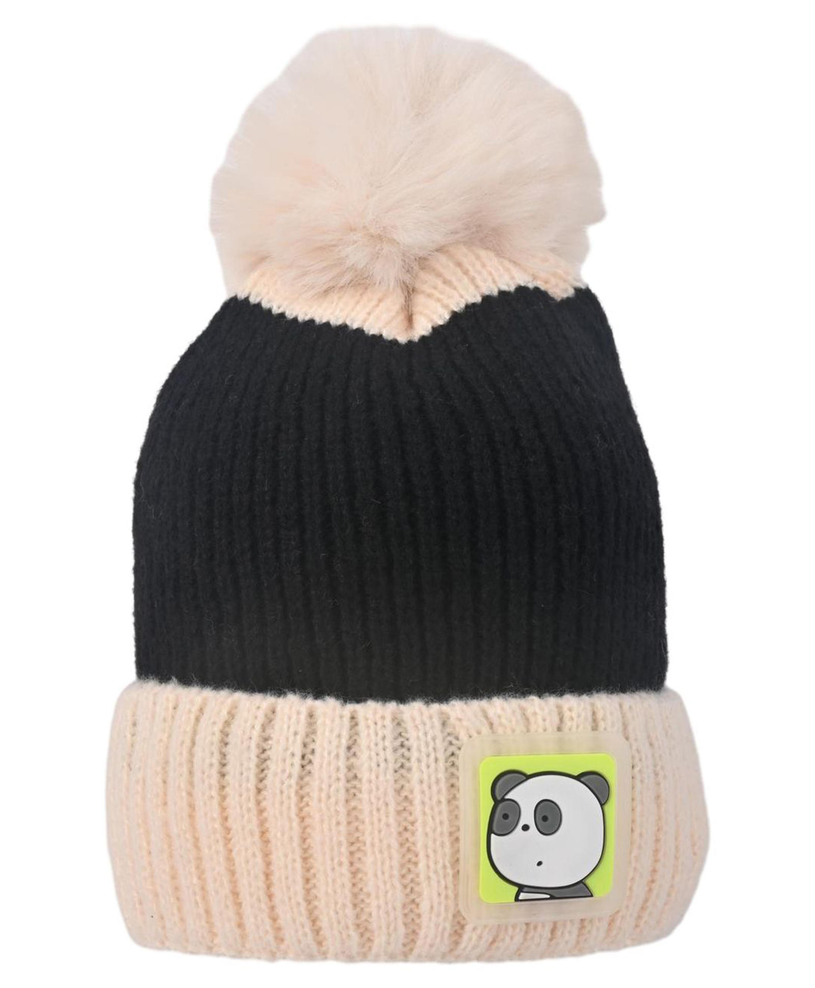 Kid-O-World Acro Wool Panda Patch Detailed Colour Blocked Pom Pom Cap - Off White - Circumference - 48 cms-image-29