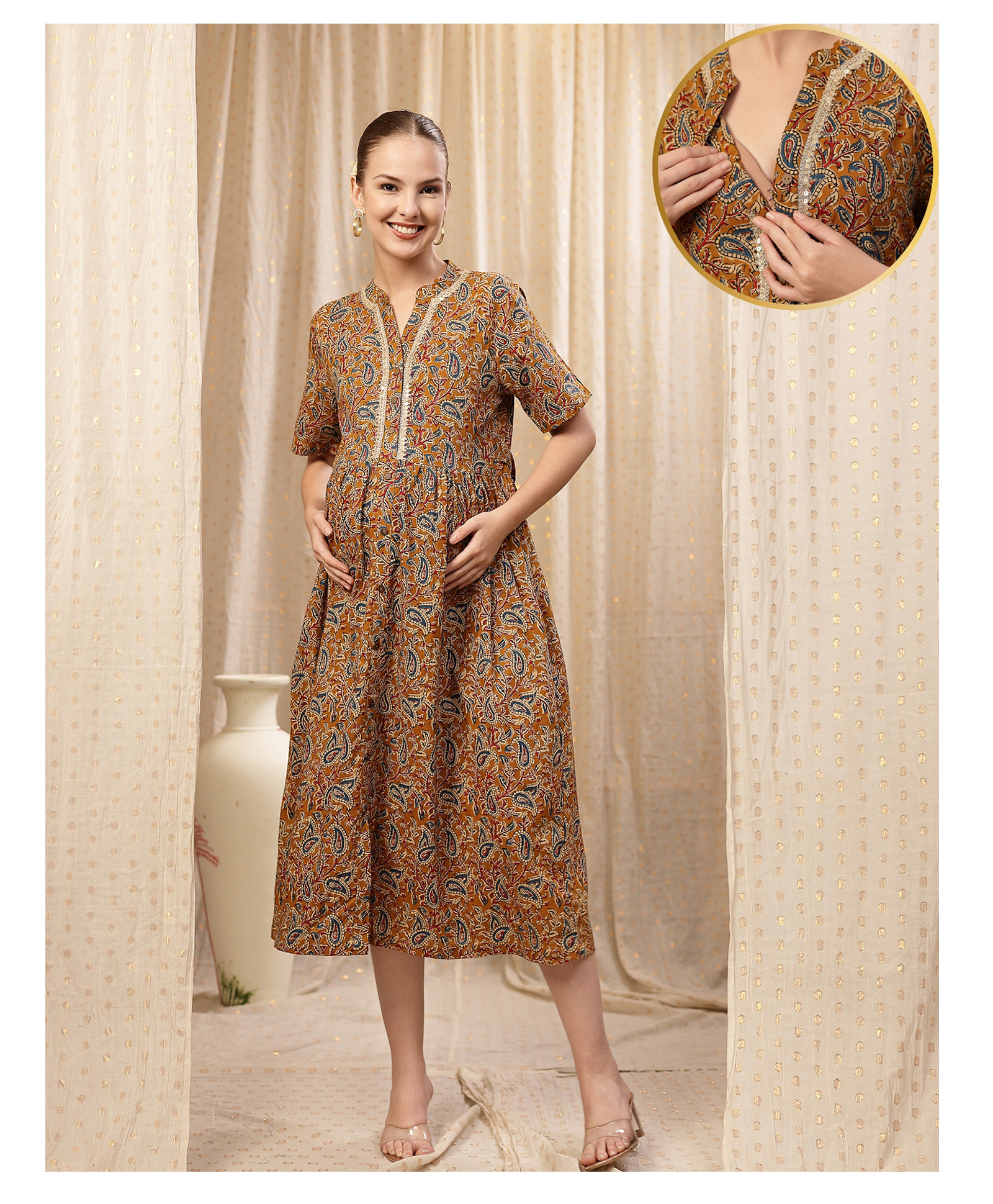 Zelena 100% Cotton Woven Half Sleeves Paisley Printed Maternity Dress With Front Open Nursing Access - Mustard Yellow-image-35
