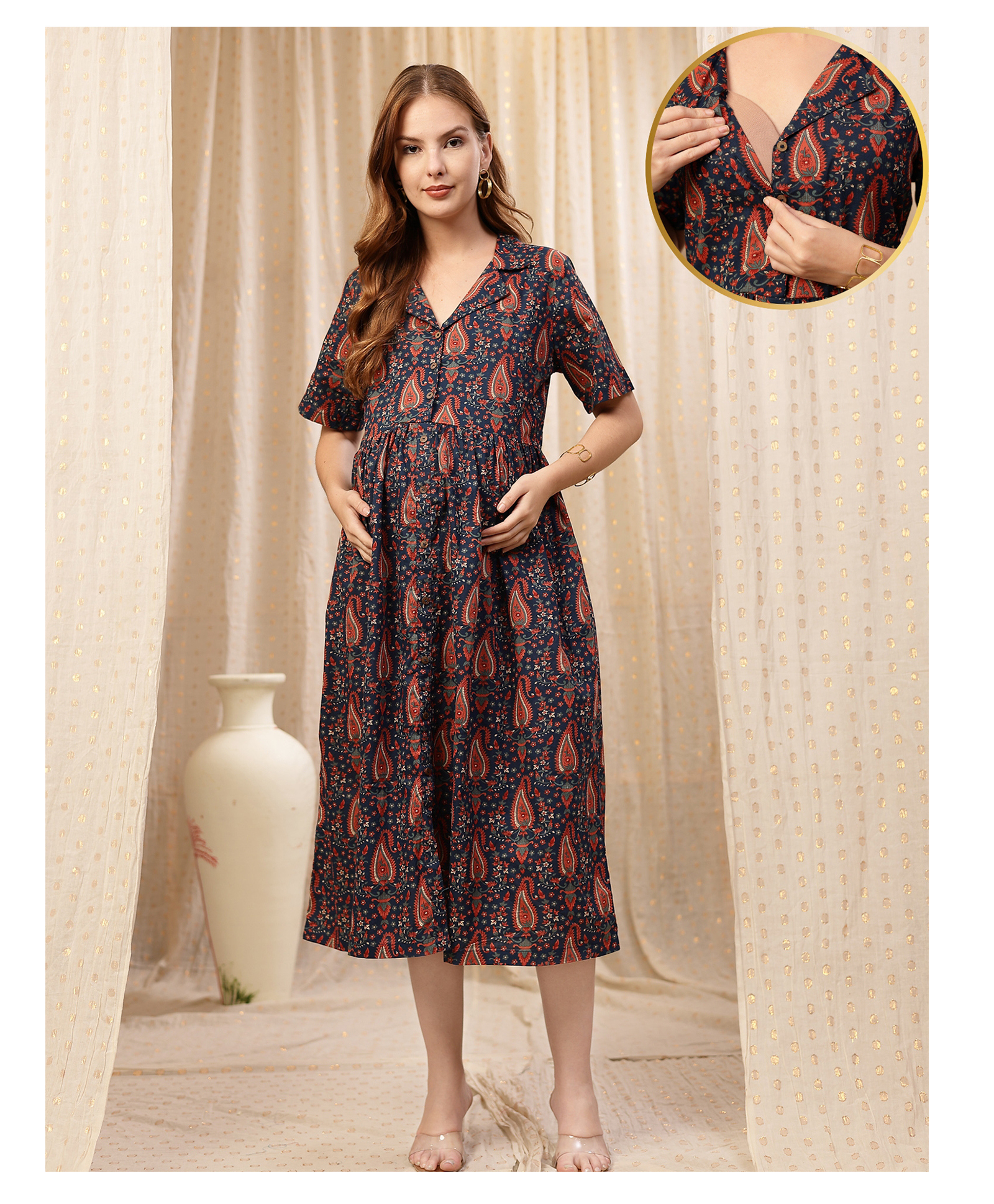 Zelena 100% Cotton Woven Half Sleeves Paisley Printed Shirt Style Maternity Dress With Front Open Nursing Access - Deep Navy Blue-image-36