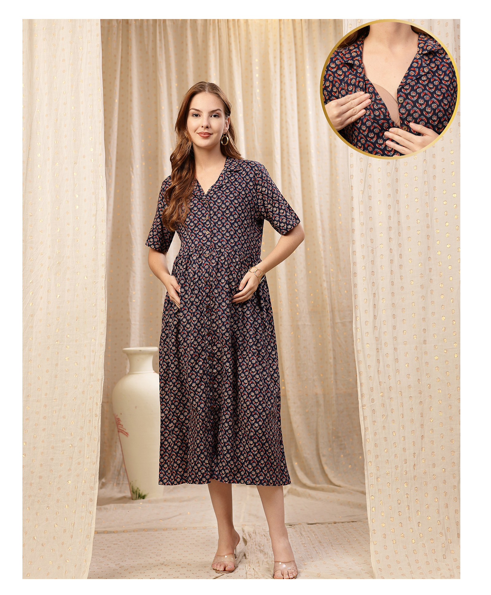 Zelena Cotton Silk Woven Half Sleeves Floral Printed Maternity Dress With Front Open Nursing Access - Blue-image-33