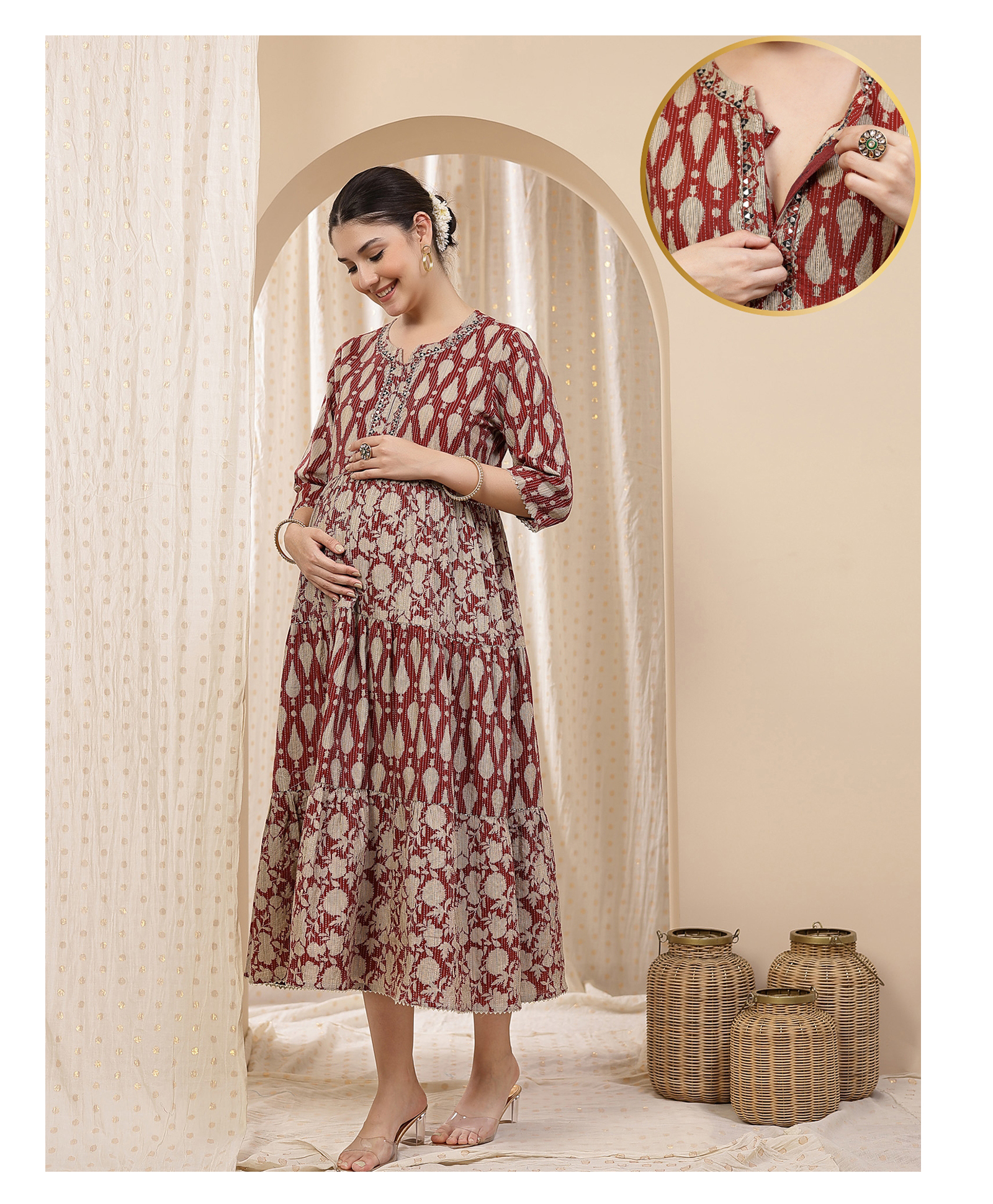 Zelena Cotton Silk Woven Three Fourth Sleeves Floral Printed Maternity Dress With Front Open Nursing Access - Rust-picture-32