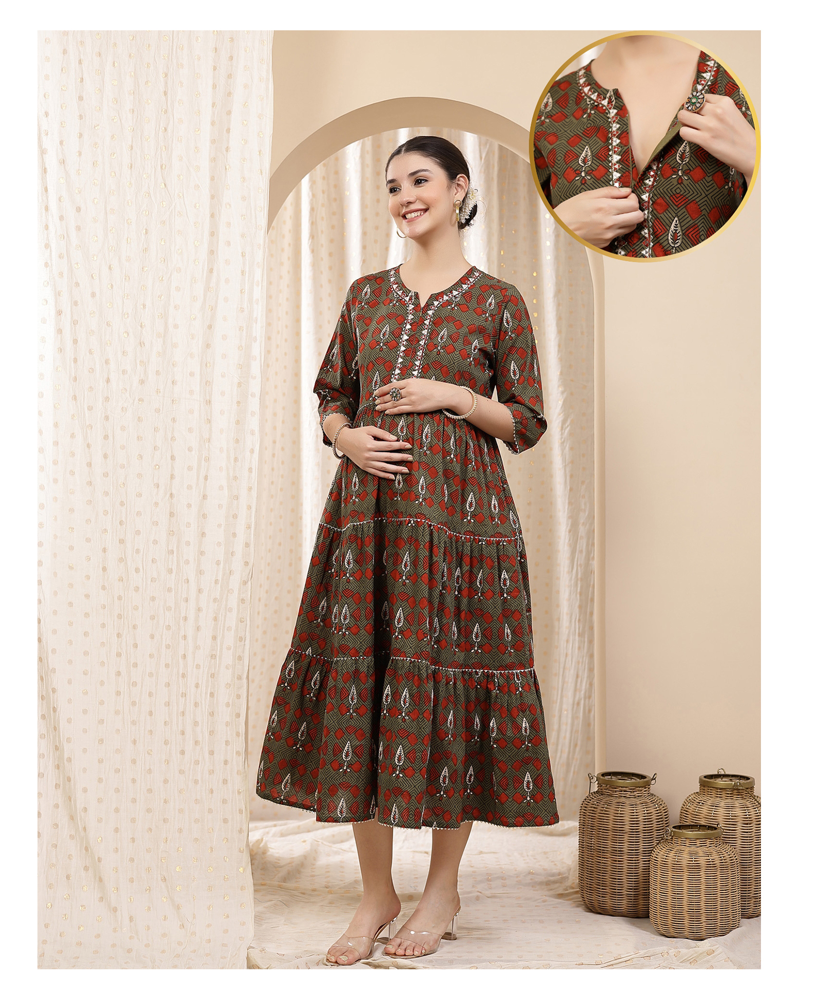 Zelena Cotton Silk Woven Three Fourth Sleeves Abstract Printed Maternity Dress With Front Zipper Nursing Access - Green-picture-19
