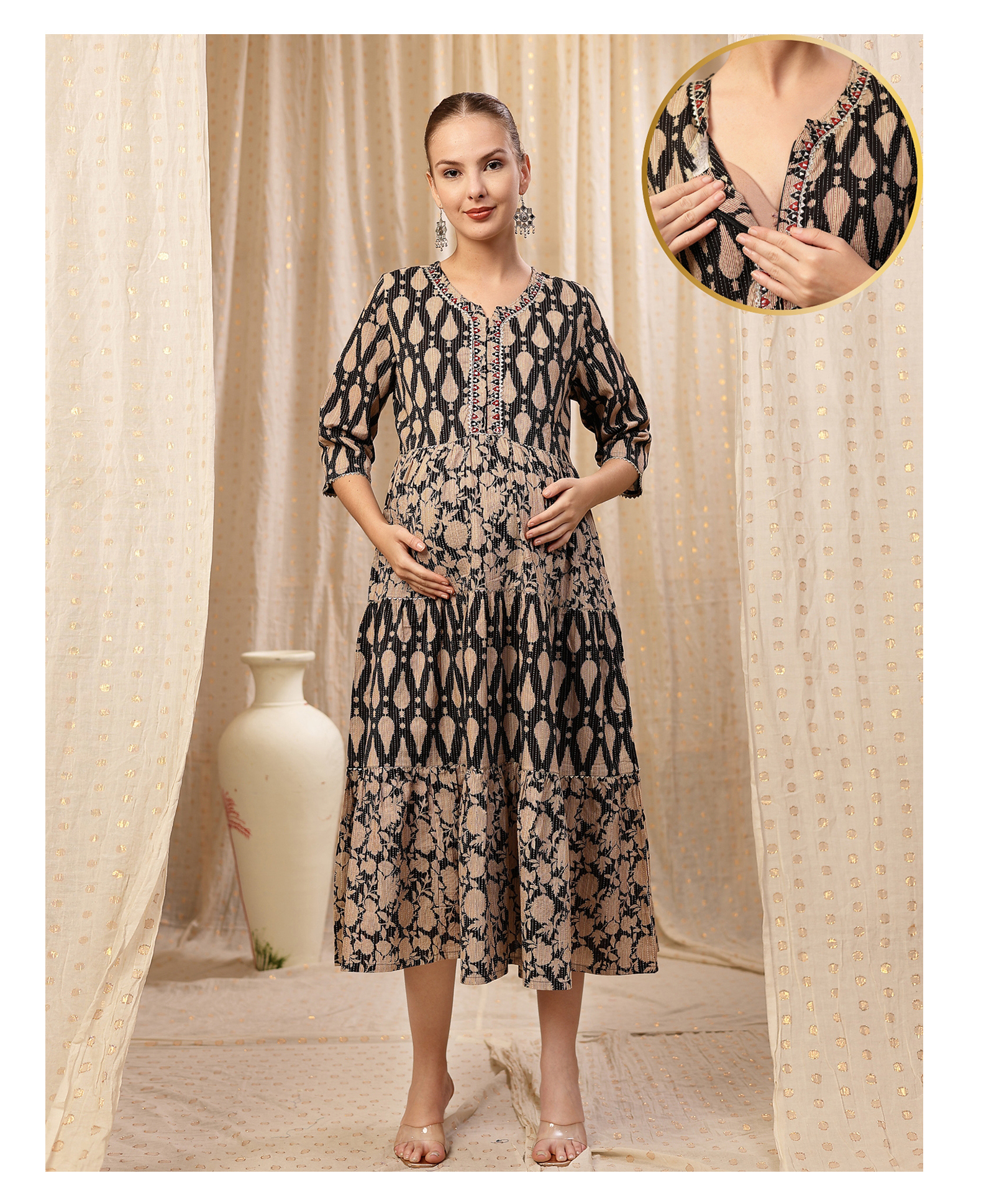 Zelena Cotton Silk Woven Three Fourth Sleeves Floral Printed Maternity Dress With Front Open Nursing Access - Black-picture-33