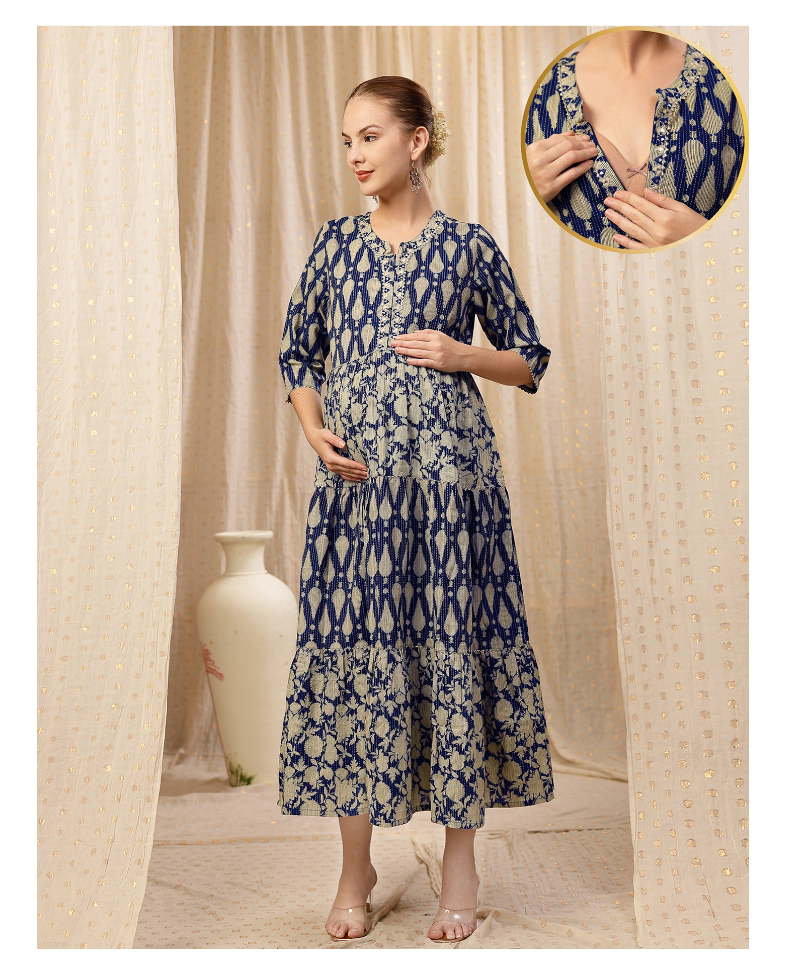 Zelena Cotton Silk Woven Three Fourth Sleeves Floral Printed Maternity Dress With Front Open Nursing Access - Deep Navy Blue-image-41