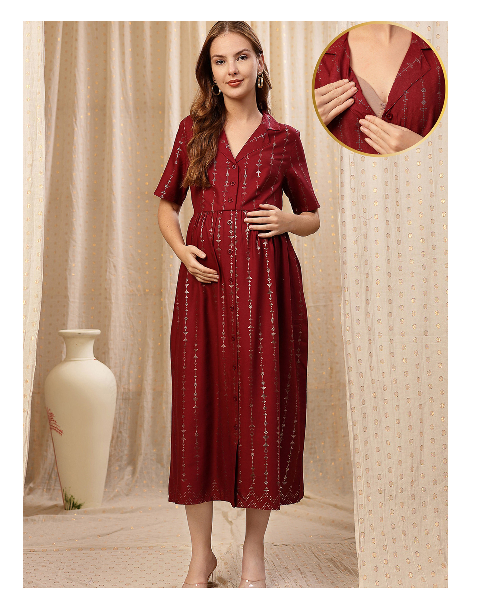 Zelena Rayon Woven Half Sleeves Polka Dots Foil Printed Maternity Dress With Front Open Nursing Access - Purple Lurex-picture-34