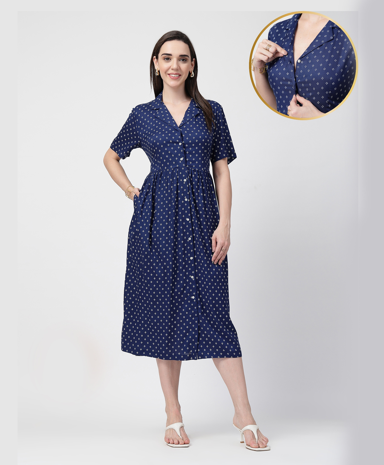 Zelena Rayon Woven Half Sleeves Bandhani Printed Shirt Style Maternity Dress With Front Open Nursing Access - White & Blue-picture-11